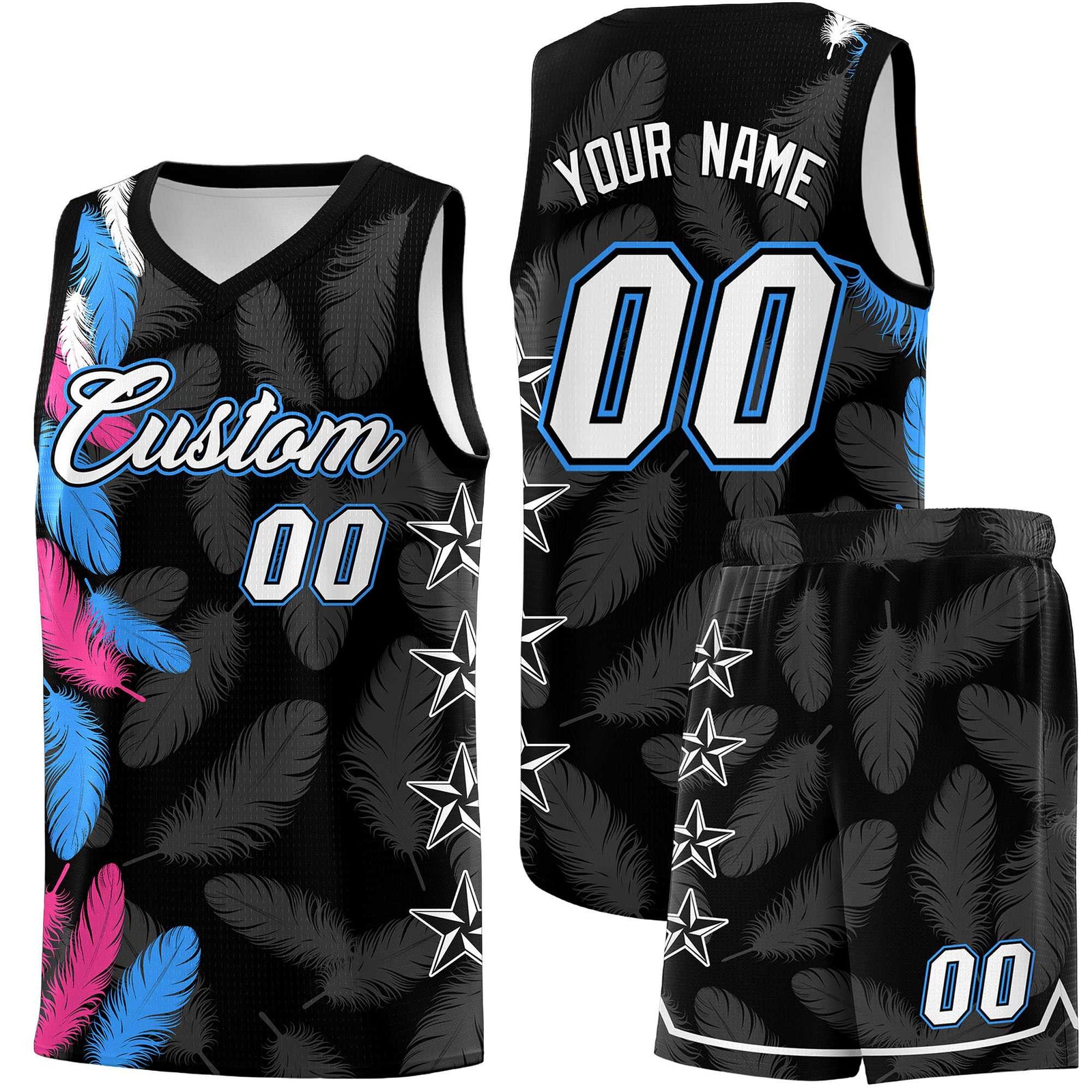 Custom Youth Basketball Jersey Black White Feather Series Sports Uniform
