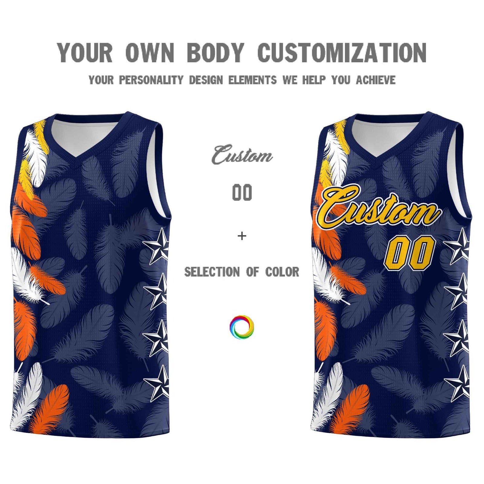 Custom Youth Basketball Jersey Navy Gold Feather Series Sports Uniform