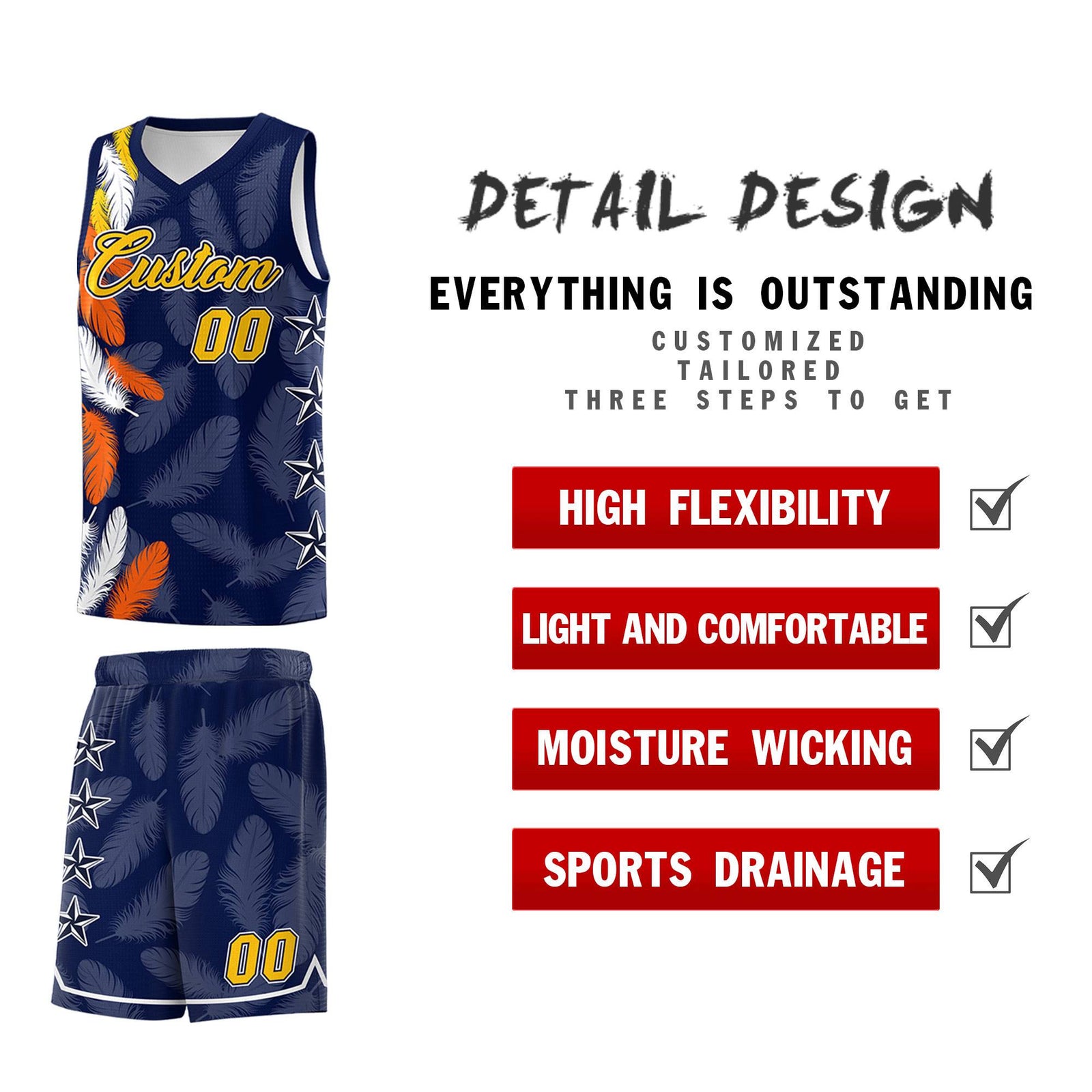 Custom Youth Basketball Jersey Navy Gold Feather Series Sports Uniform