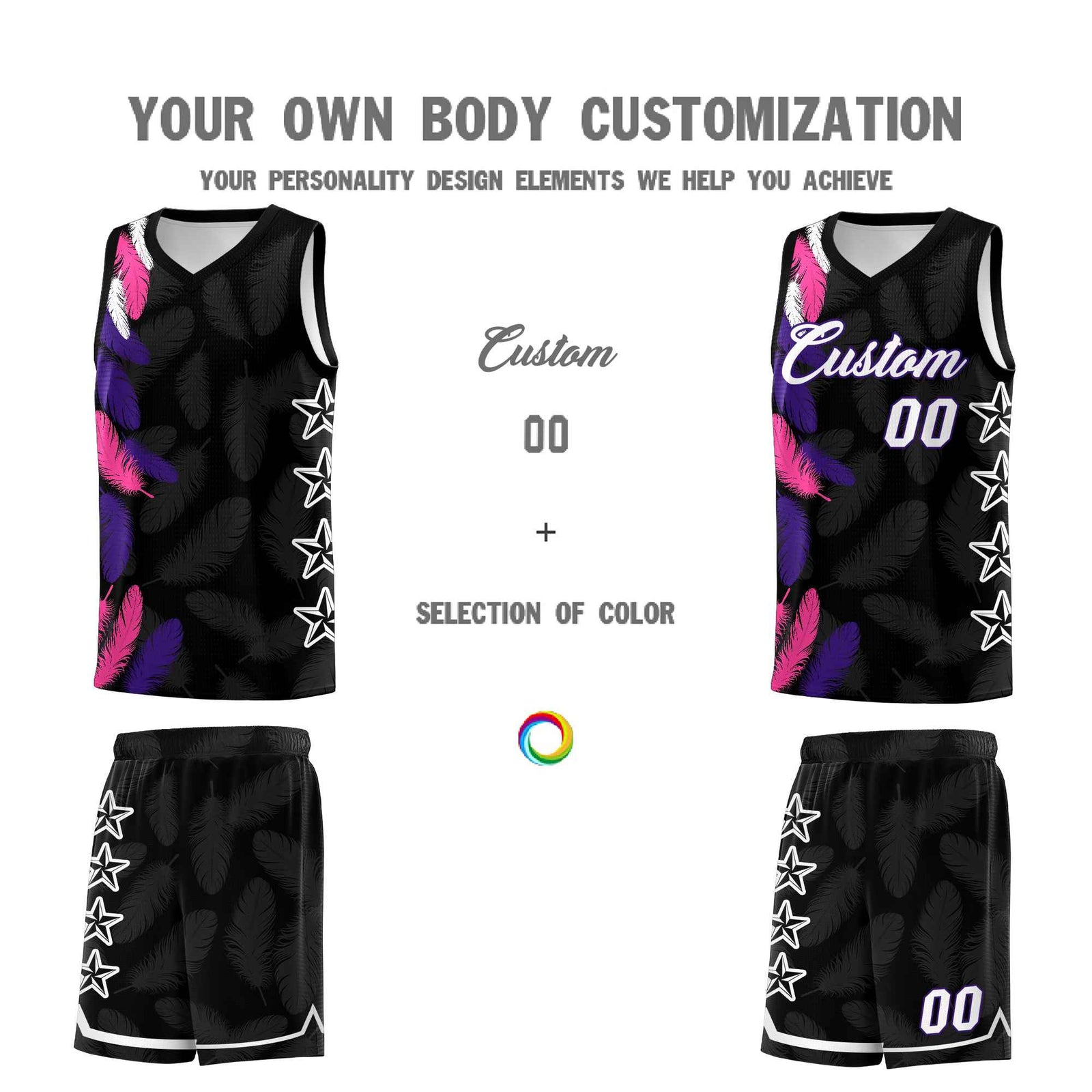 Custom Youth Basketball Jersey Black White Feather Series Sports Uniform