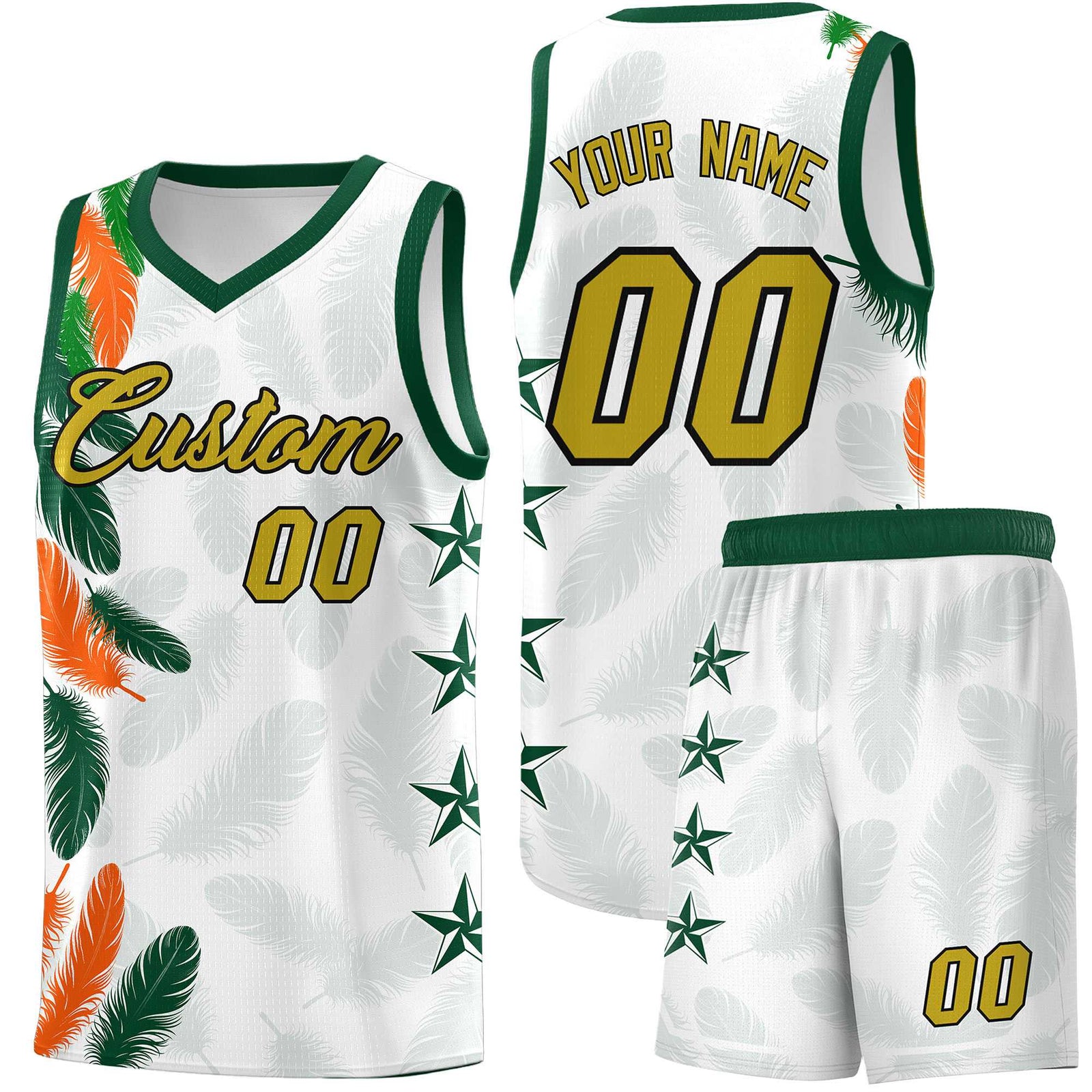 Custom Youth Basketball Jersey White Old Gold Feather Series Sports Uniform