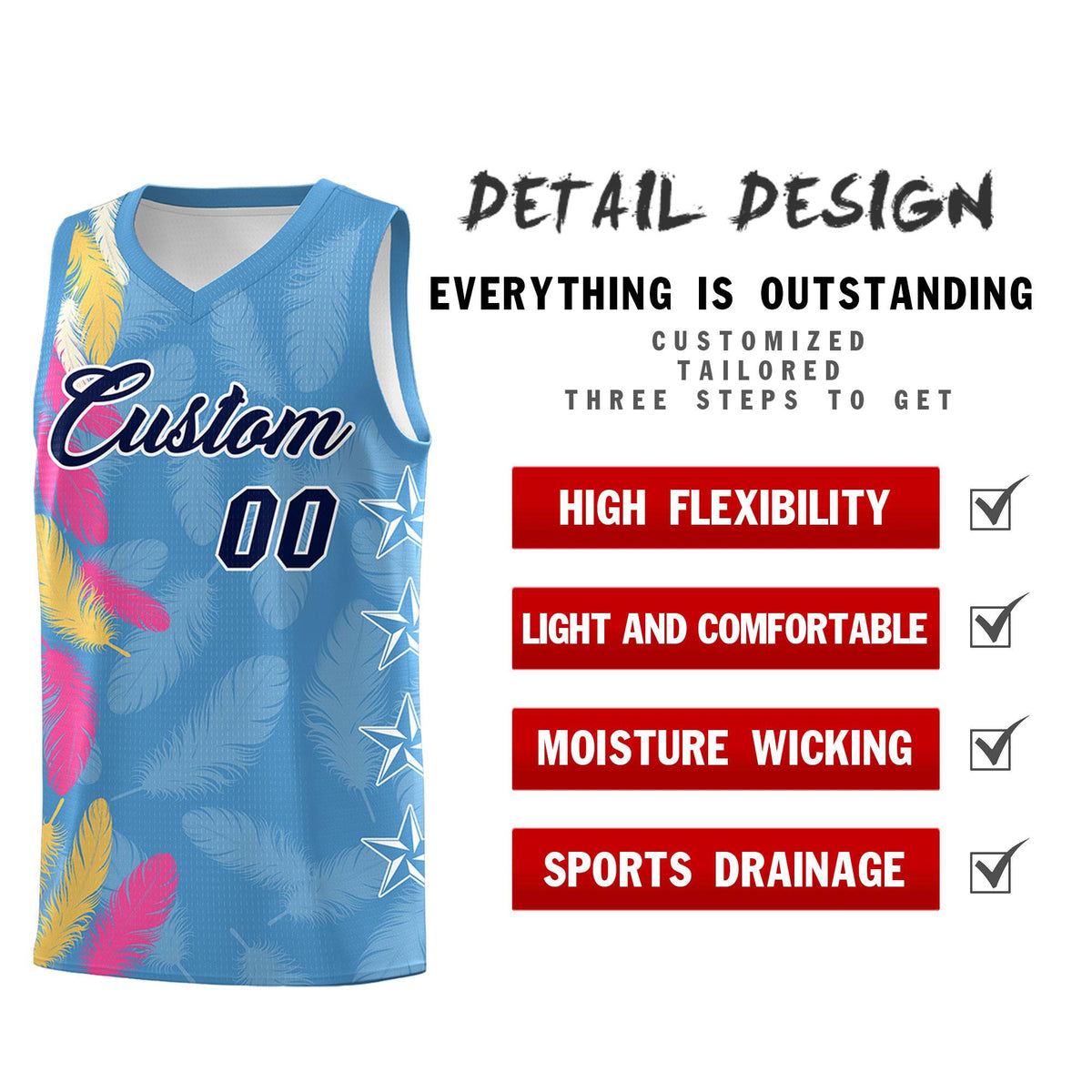 Custom Youth Basketball Jersey Light Blue Navy Feather Series Sports Uniform