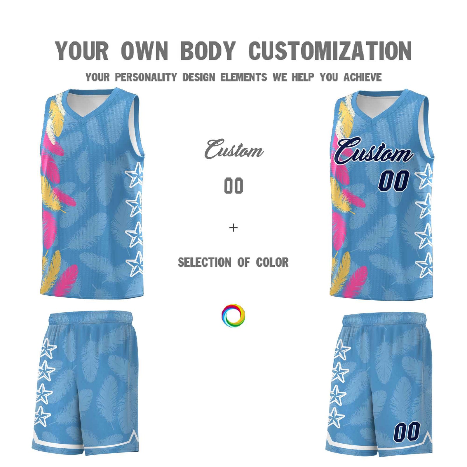 Custom Youth Basketball Jersey Light Blue Navy Feather Series Sports Uniform