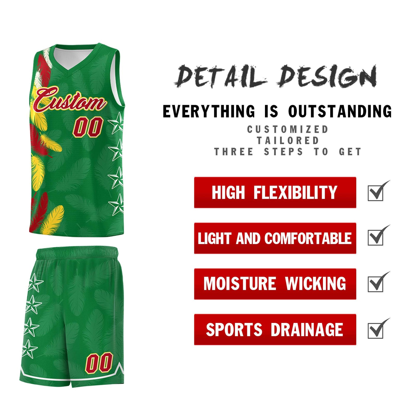 Custom Youth Basketball Jersey Kelly Green Red Feather Series Sports Uniform