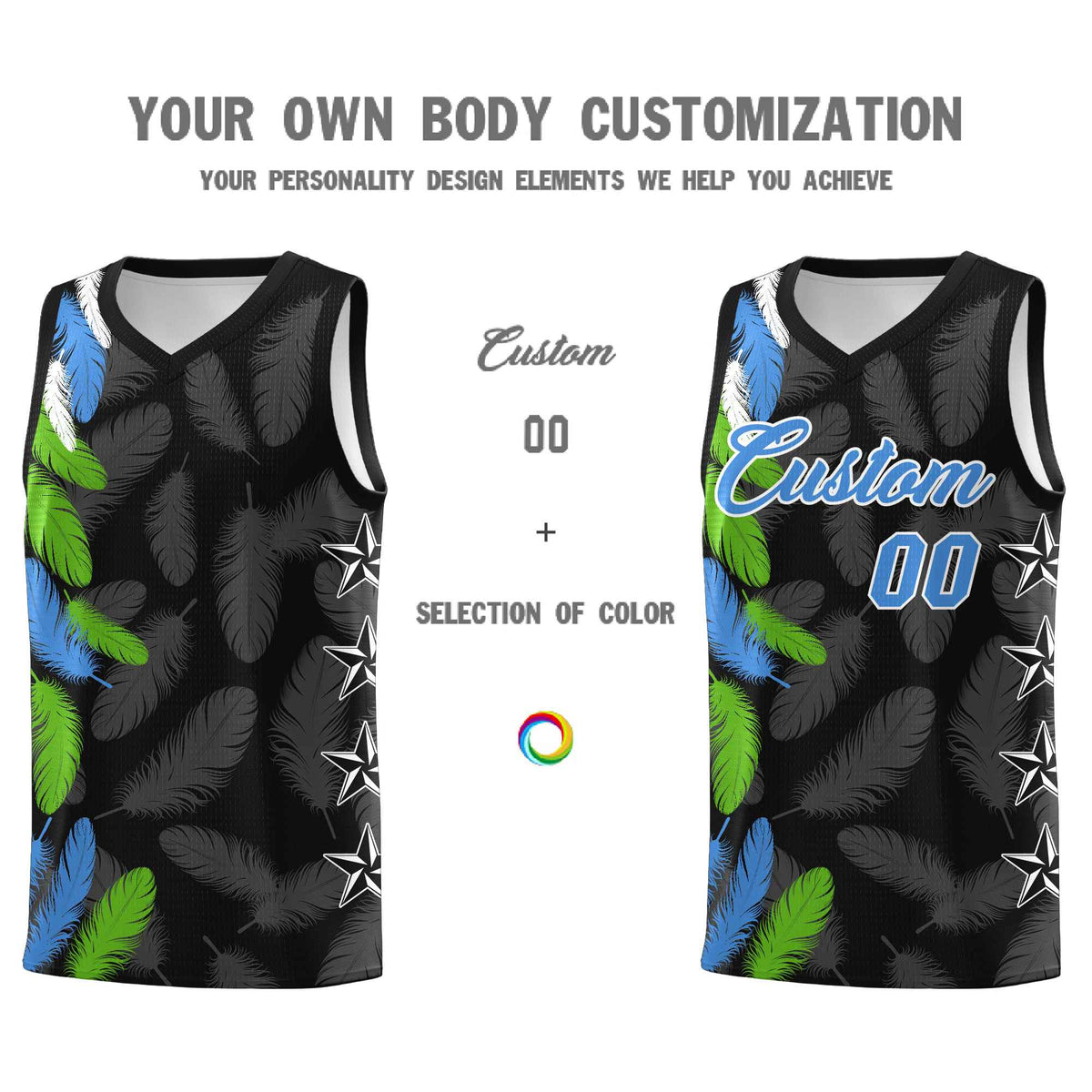 Custom Youth Basketball Jersey Black Powder Blue Feather Series Sports Uniform