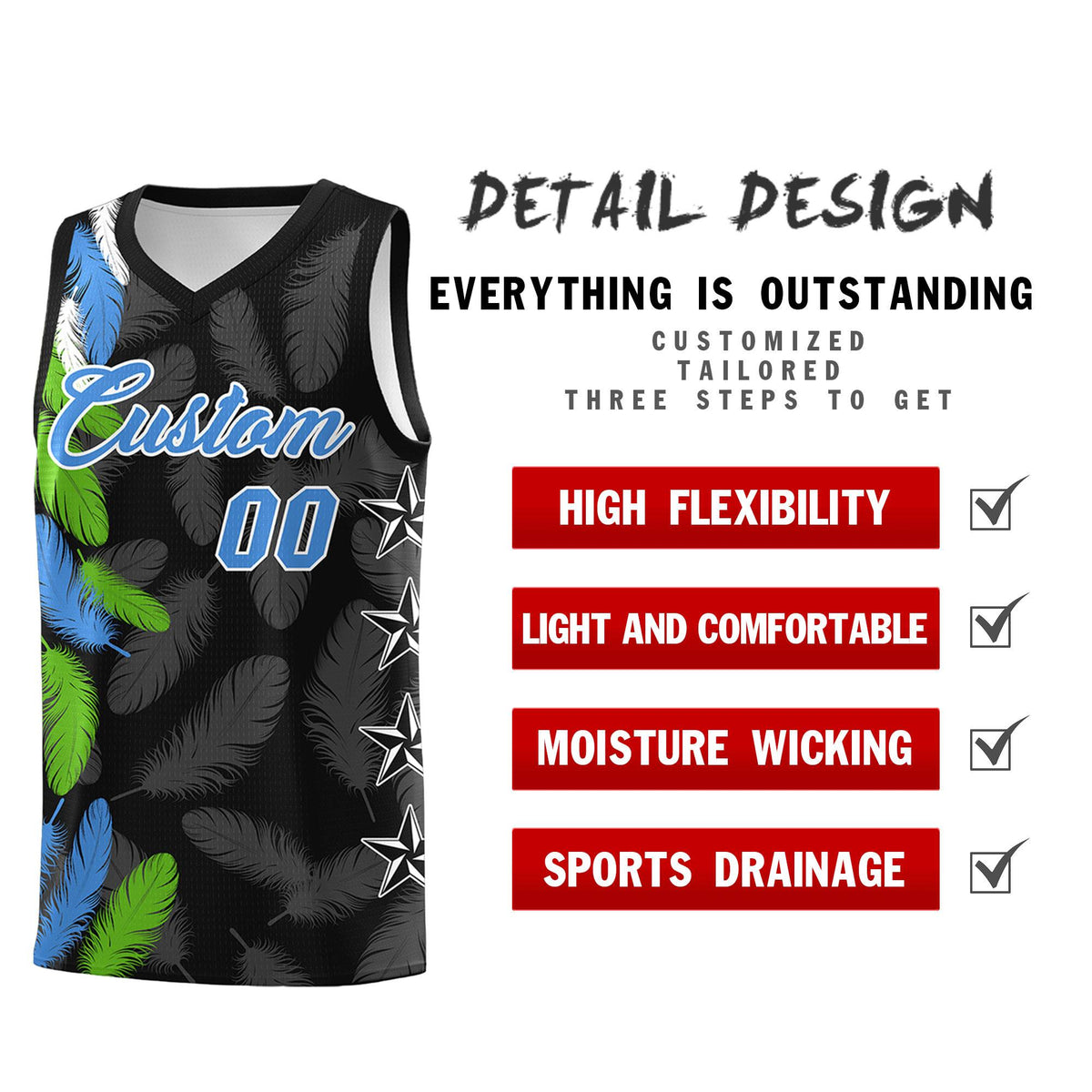 Custom Youth Basketball Jersey Black Powder Blue Feather Series Sports Uniform