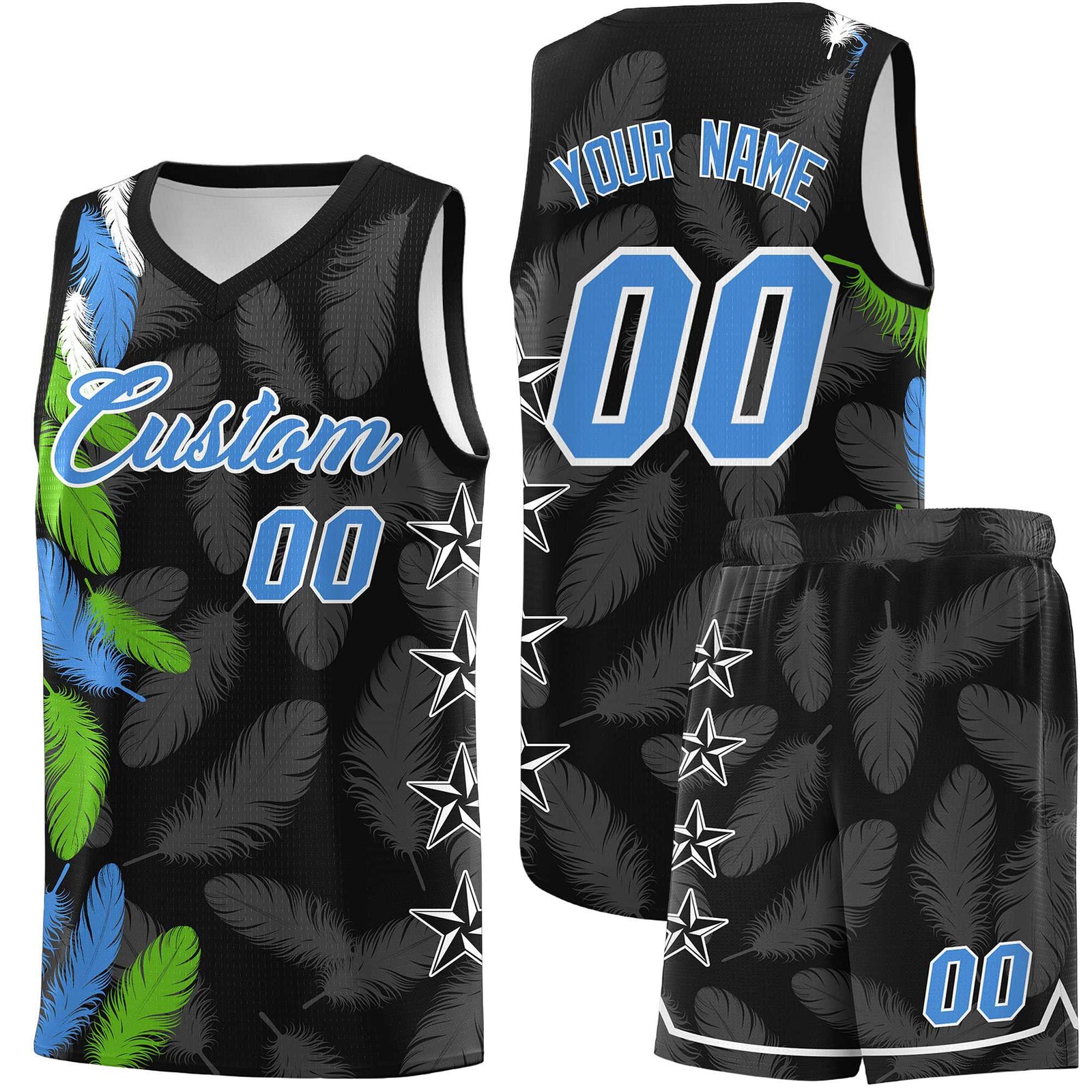 Custom Youth Basketball Jersey Black Powder Blue Feather Series Sports Uniform