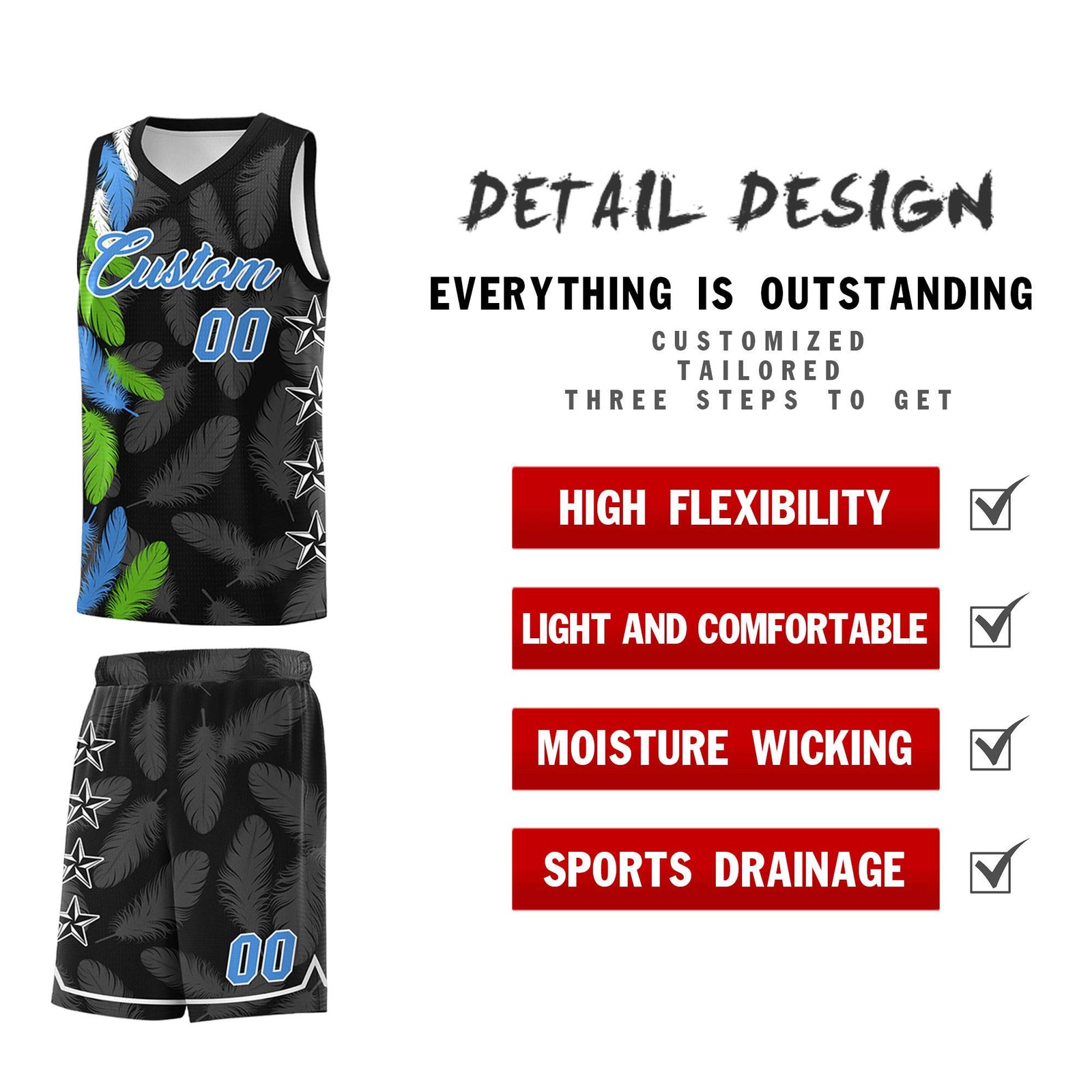 Custom Youth Basketball Jersey Black Powder Blue Feather Series Sports Uniform