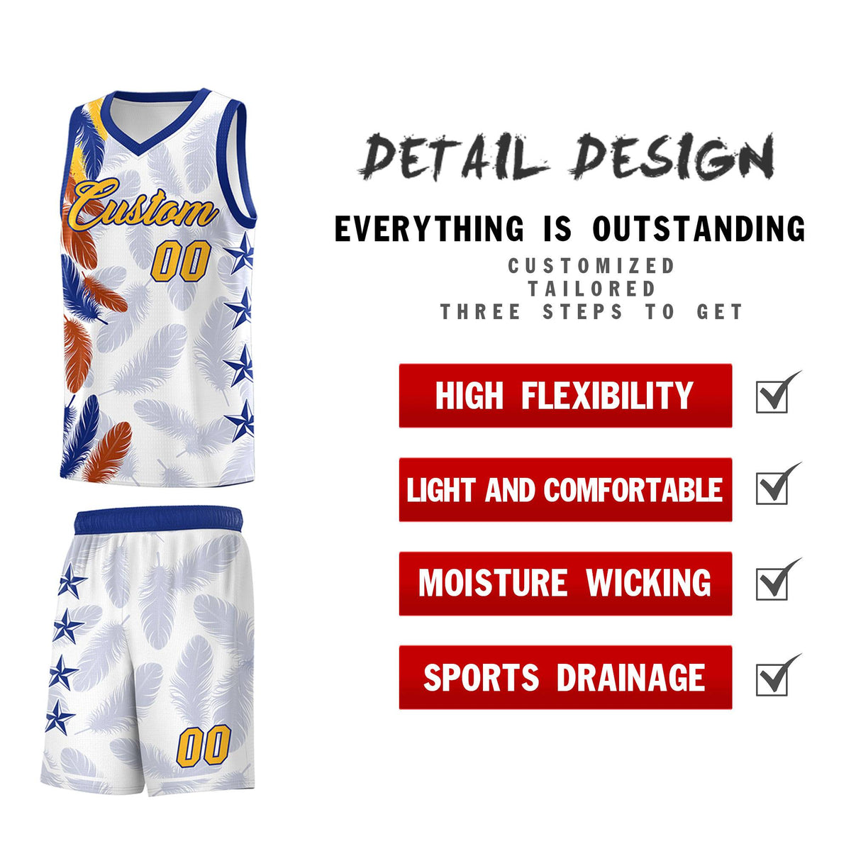 Custom Youth Basketball Jersey White Gold Feather Series Sports Uniform