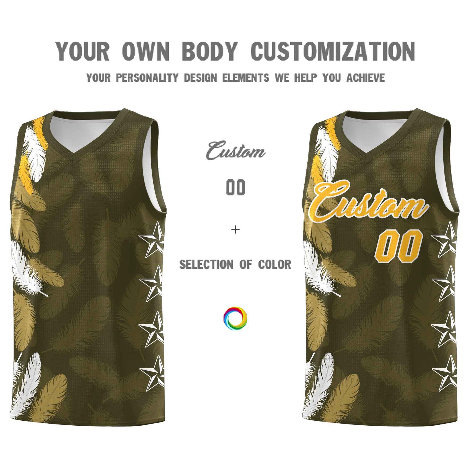 Custom Youth Basketball Jersey Olive Gold Feather Series Sports Uniform