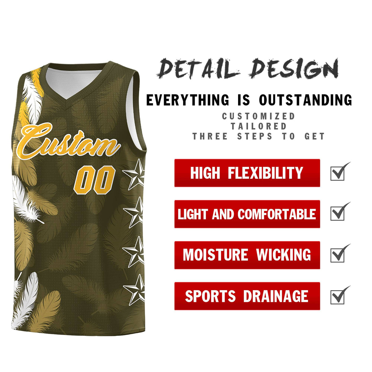 Custom Youth Basketball Jersey Olive Gold Feather Series Sports Uniform
