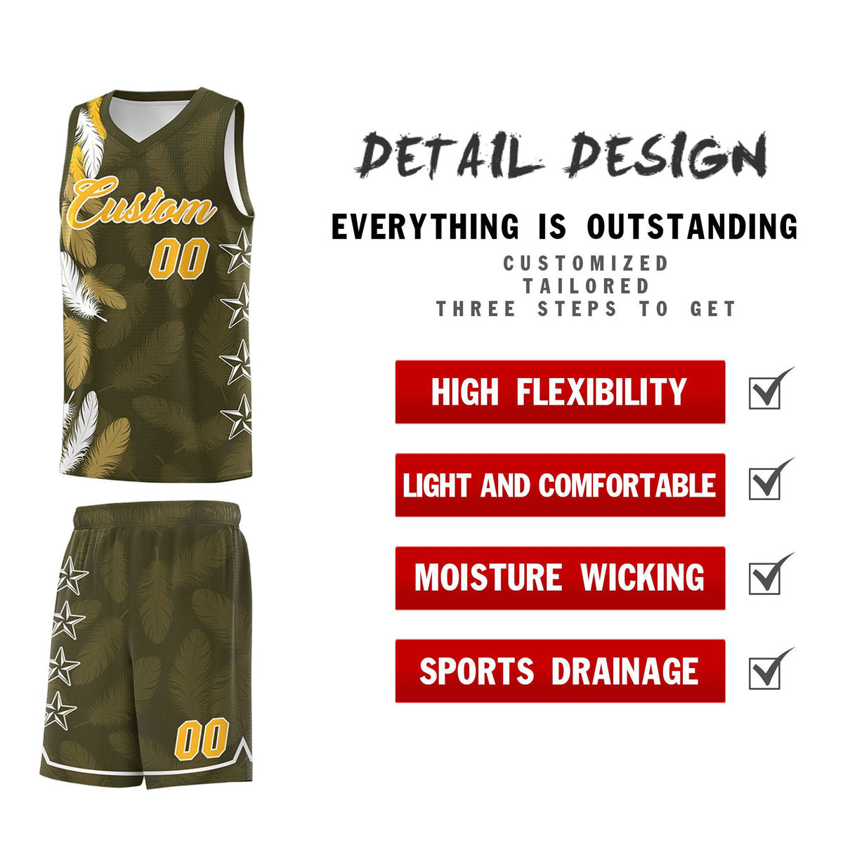 Custom Youth Basketball Jersey Olive Gold Feather Series Sports Uniform