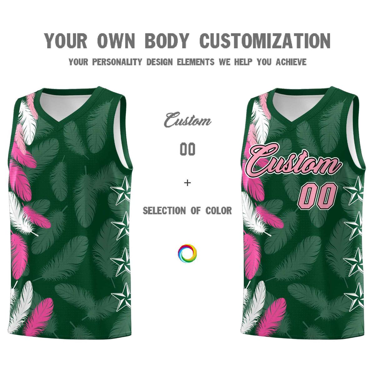 Custom Youth Basketball Jersey Green Light Pink Feather Series Sports Uniform