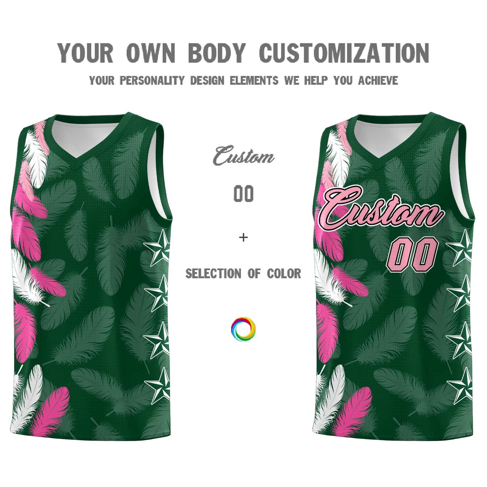 Custom Youth Basketball Jersey Green Light Pink Feather Series Sports Uniform