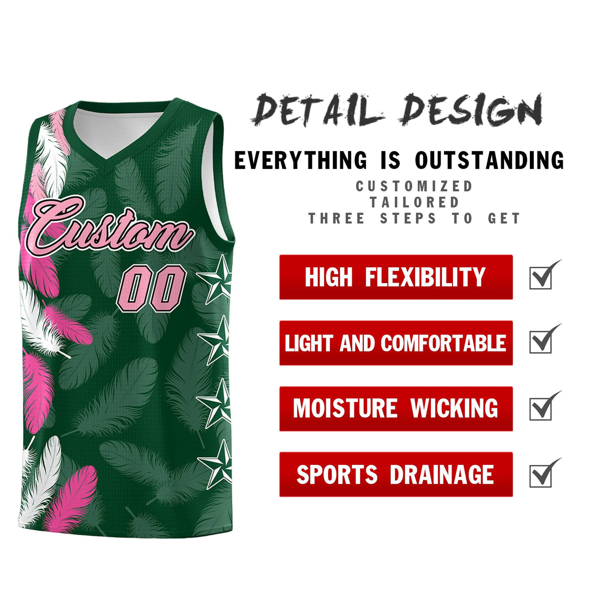 Custom Youth Basketball Jersey Green Light Pink Feather Series Sports Uniform