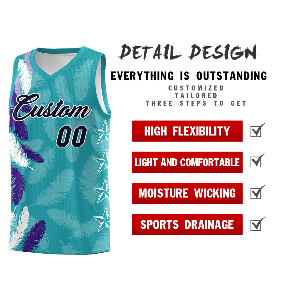 Custom Youth Basketball Jersey Aqua Navy Feather Series Sports Uniform