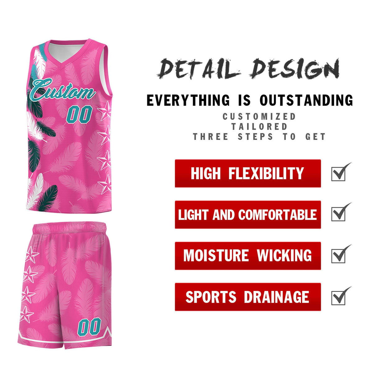 Custom Youth Basketball Jersey Pink Aqua Feather Series Sports Uniform