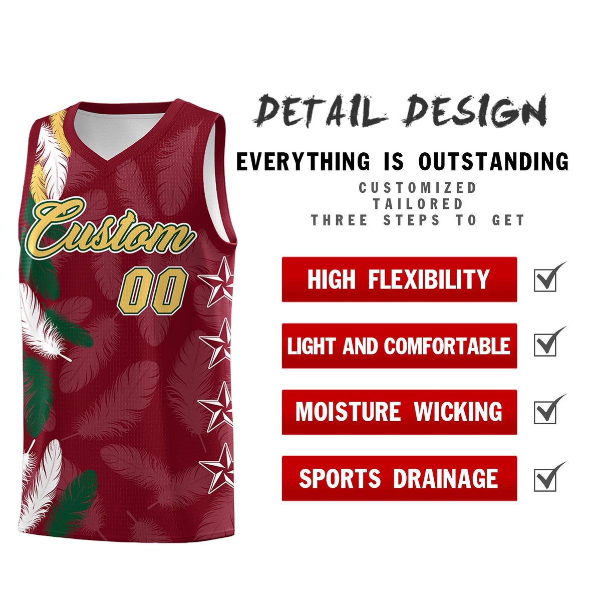 Custom Youth Basketball Jersey Crimson Old Gold Feather Series Sports Uniform
