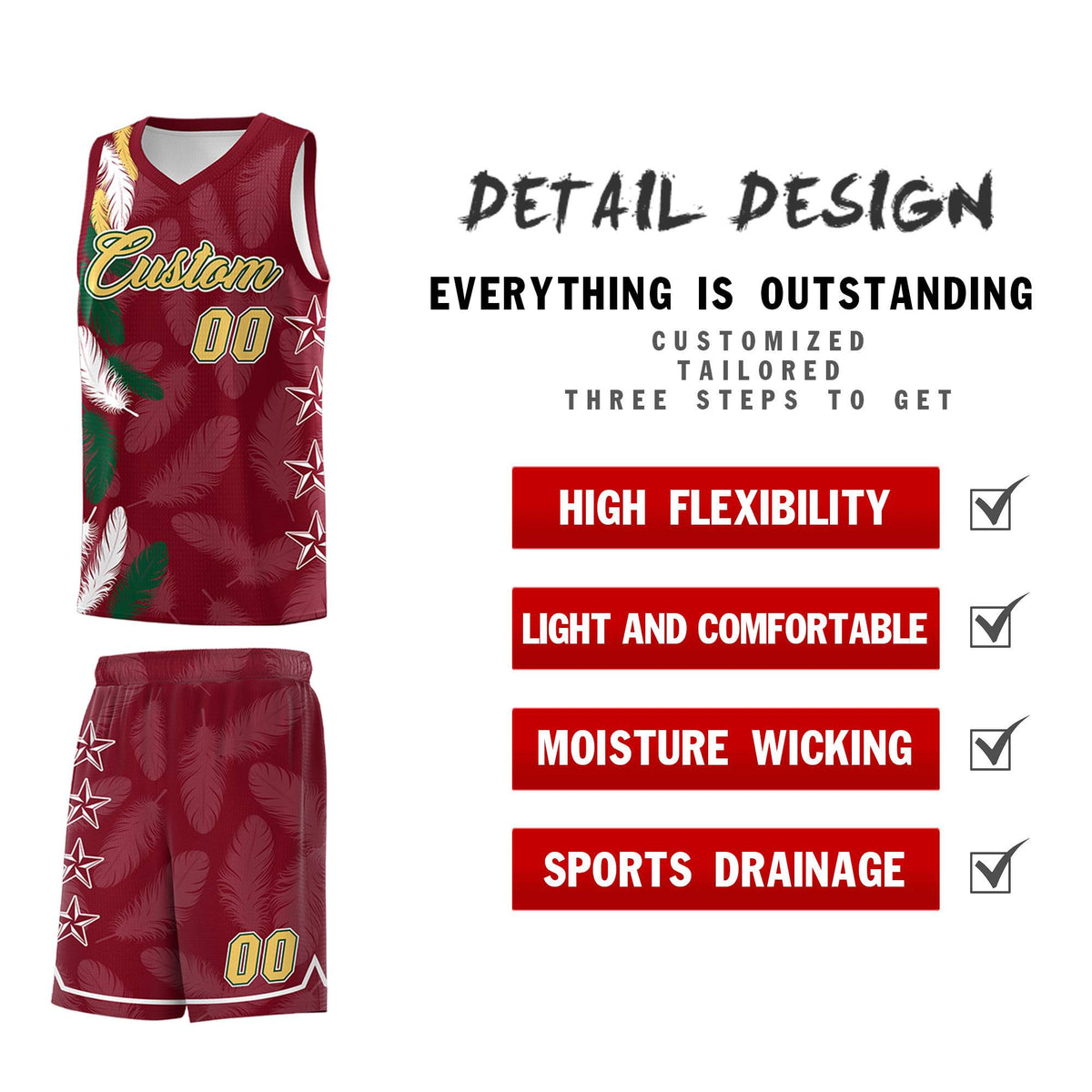 Custom Youth Basketball Jersey Crimson Old Gold Feather Series Sports Uniform