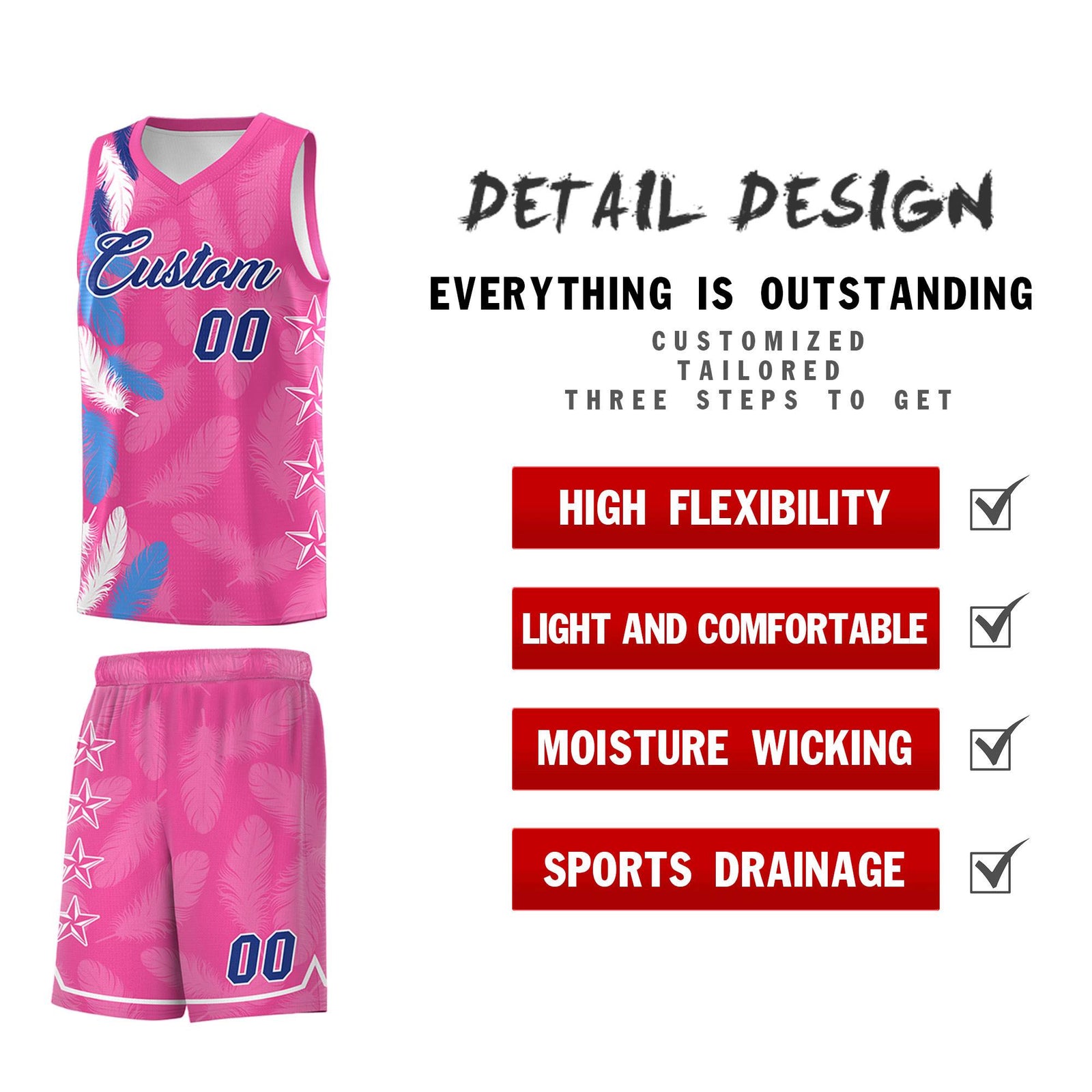 Custom Youth Basketball Jersey Pink Royal Feather Series Sports Uniform