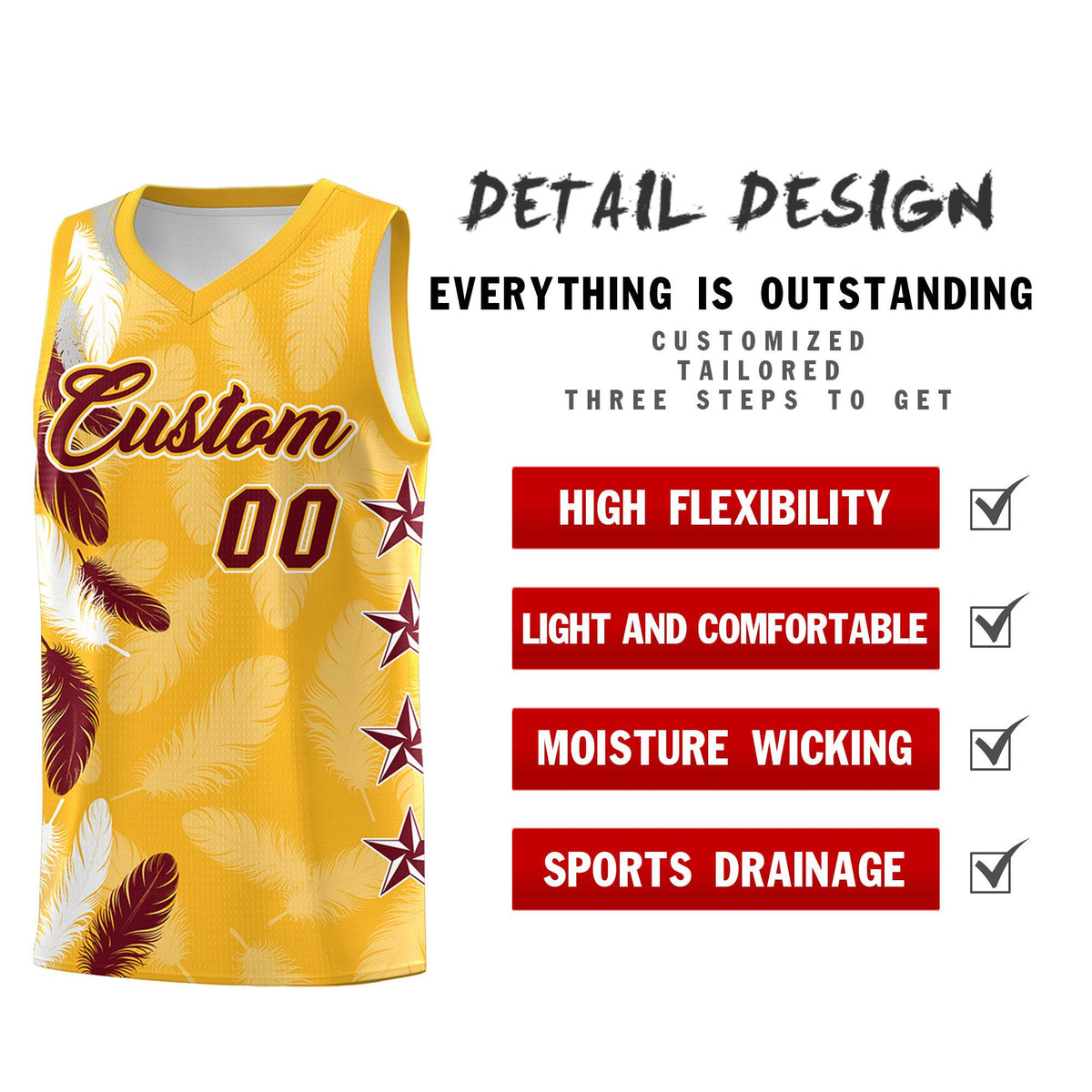 Custom Youth Basketball Jersey Gold Crimson Feather Series Sports Uniform