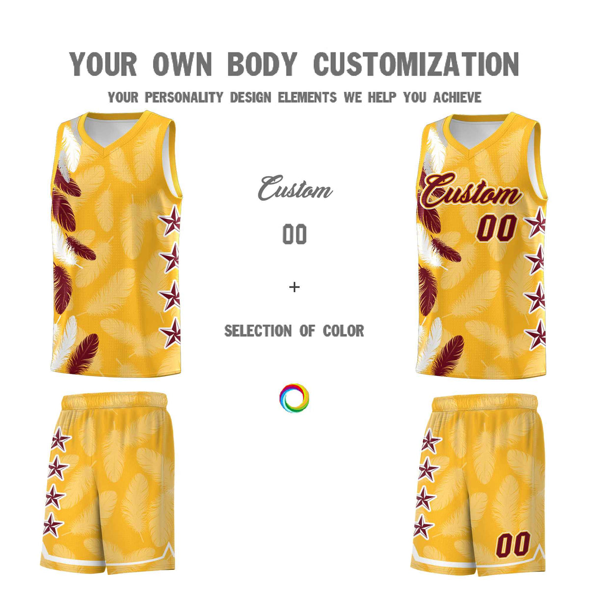 Custom Youth Basketball Jersey Gold Crimson Feather Series Sports Uniform