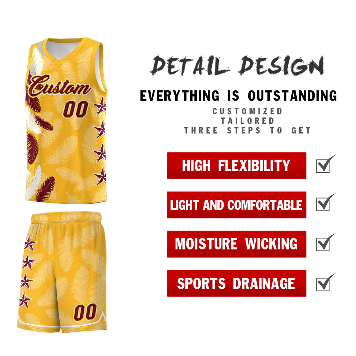 Custom Youth Basketball Jersey Gold Crimson Feather Series Sports Uniform