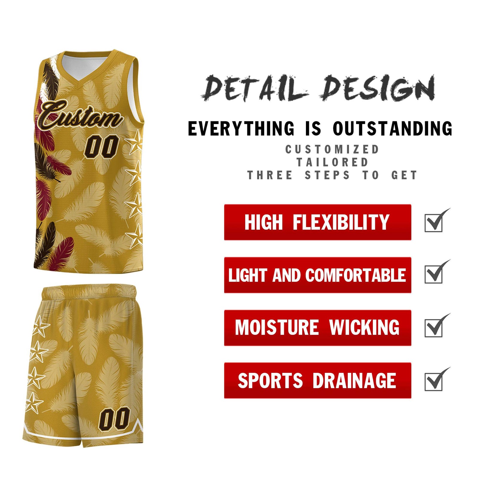 Custom Youth Basketball Jersey Old Gold Brown Feather Series Sports Uniform