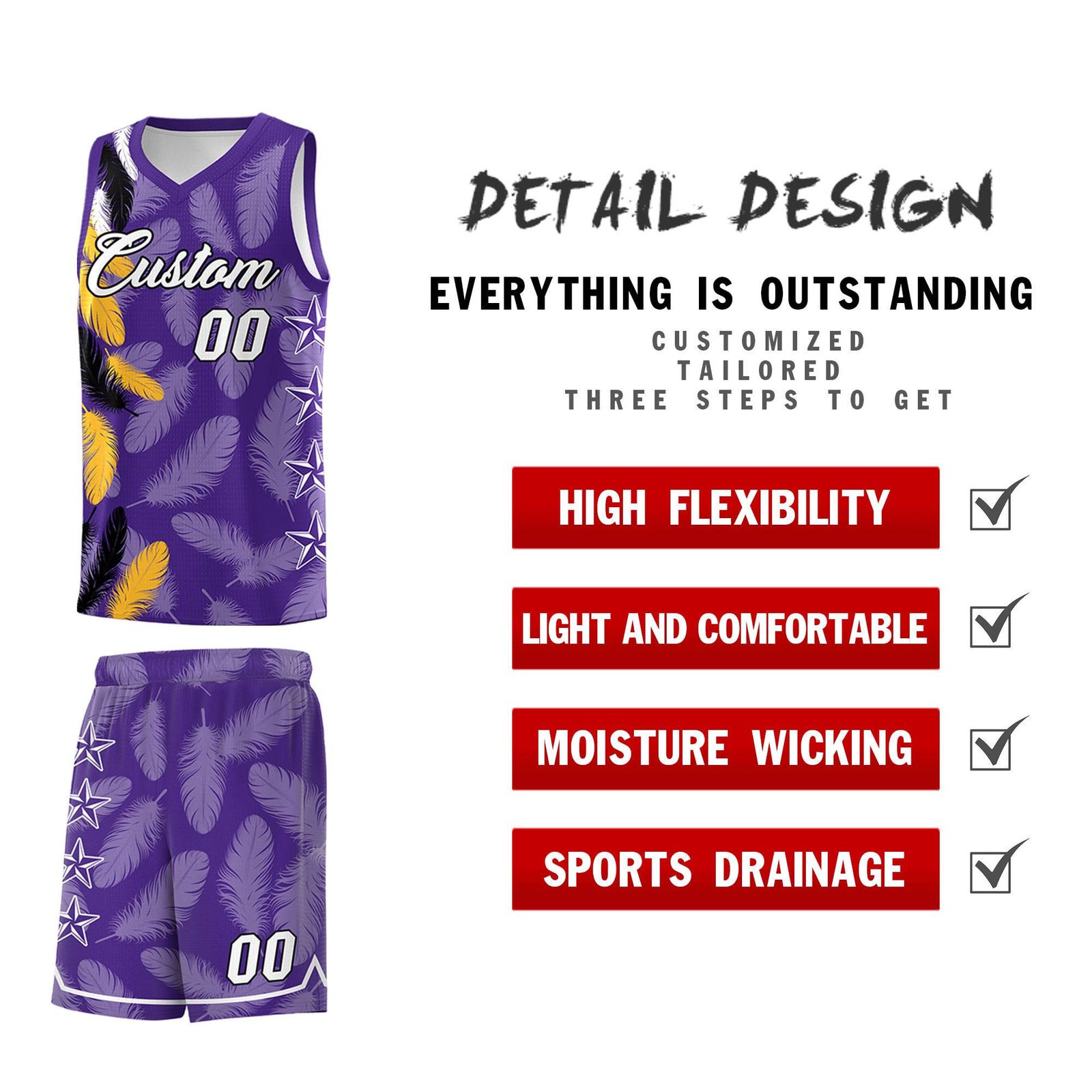 Custom Youth Basketball Jersey Purple White Feather Series Sports Uniform