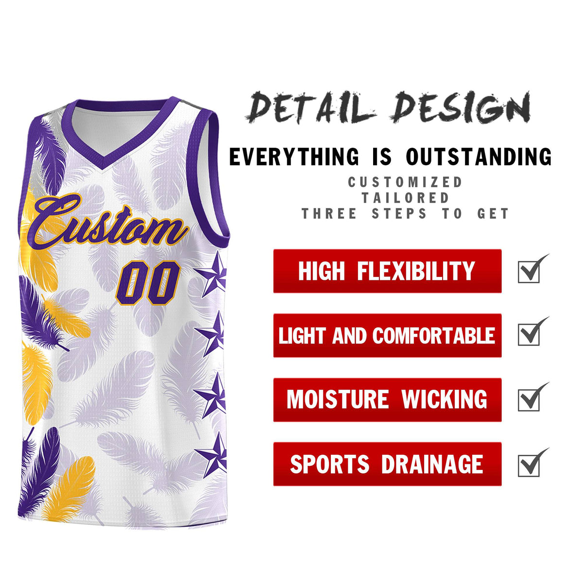 Custom Youth Basketball Jersey White Purple Feather Series Sports Uniform