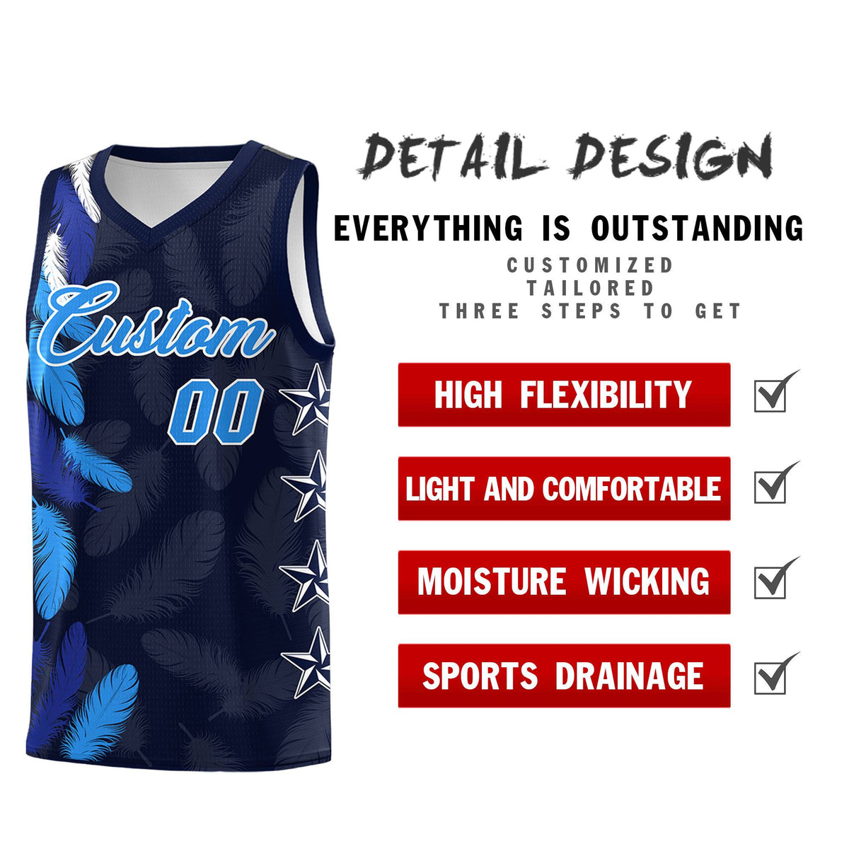 Custom Youth Basketball Jersey Navy Powder Blue Feather Series Sports Uniform
