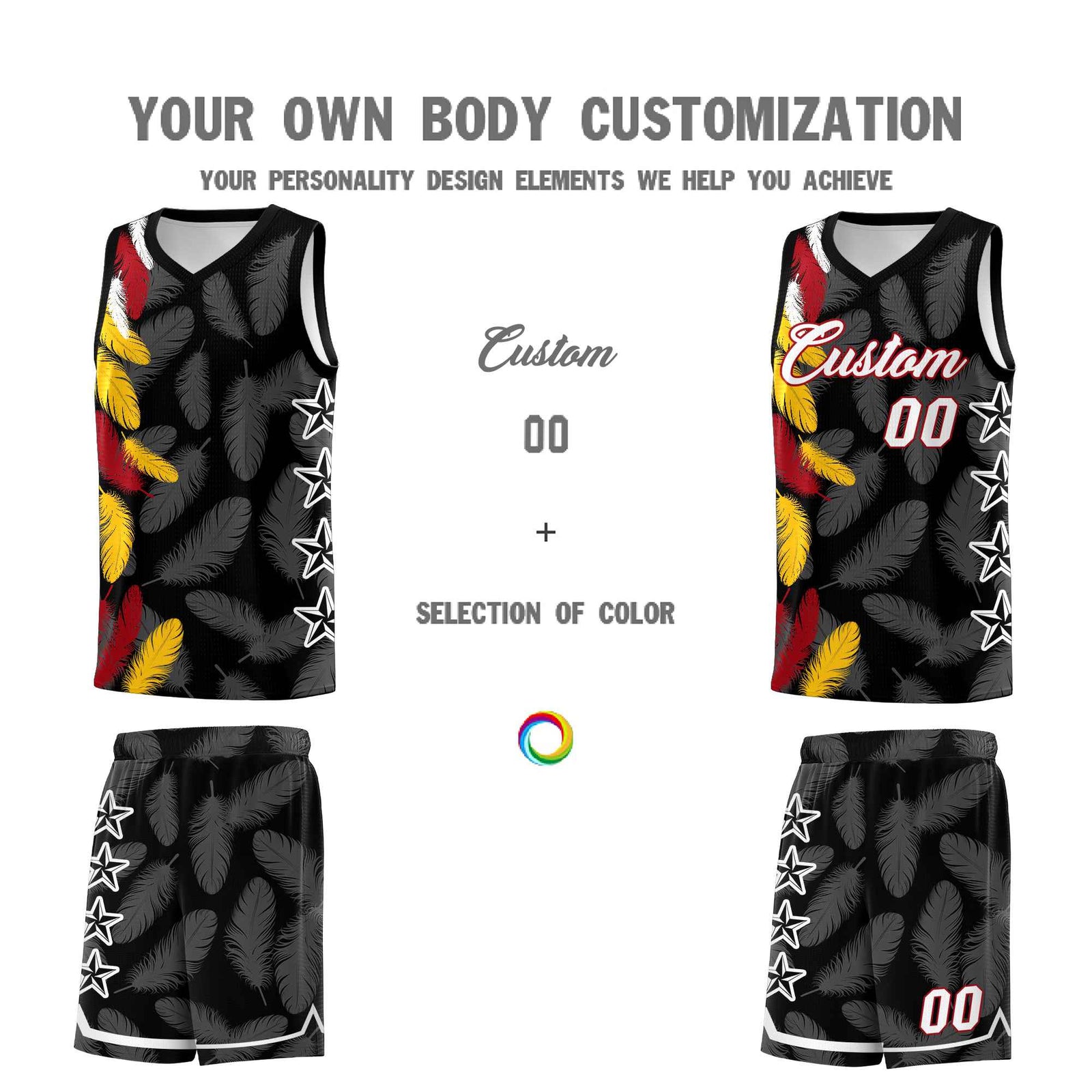 Custom Youth Basketball Jersey Black White Feather Series Sports Uniform
