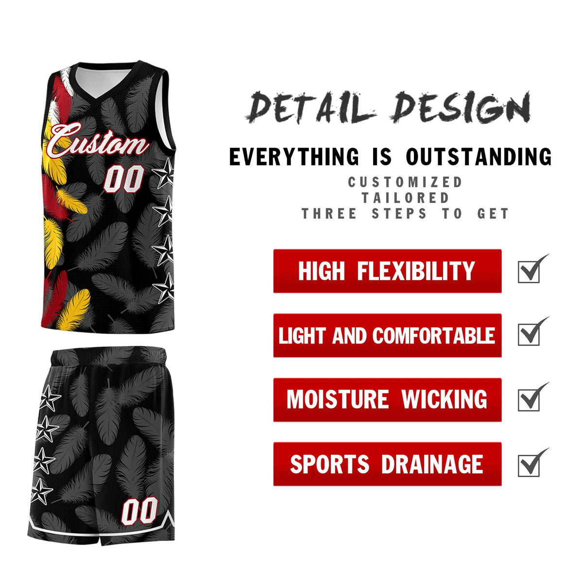 Custom Youth Basketball Jersey Black White Feather Series Sports Uniform