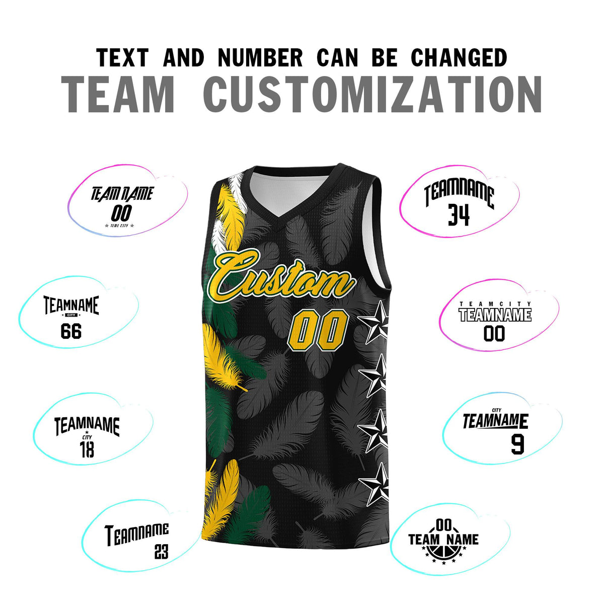 Custom Youth Basketball Jersey Black Gold Feather Series Sports Uniform