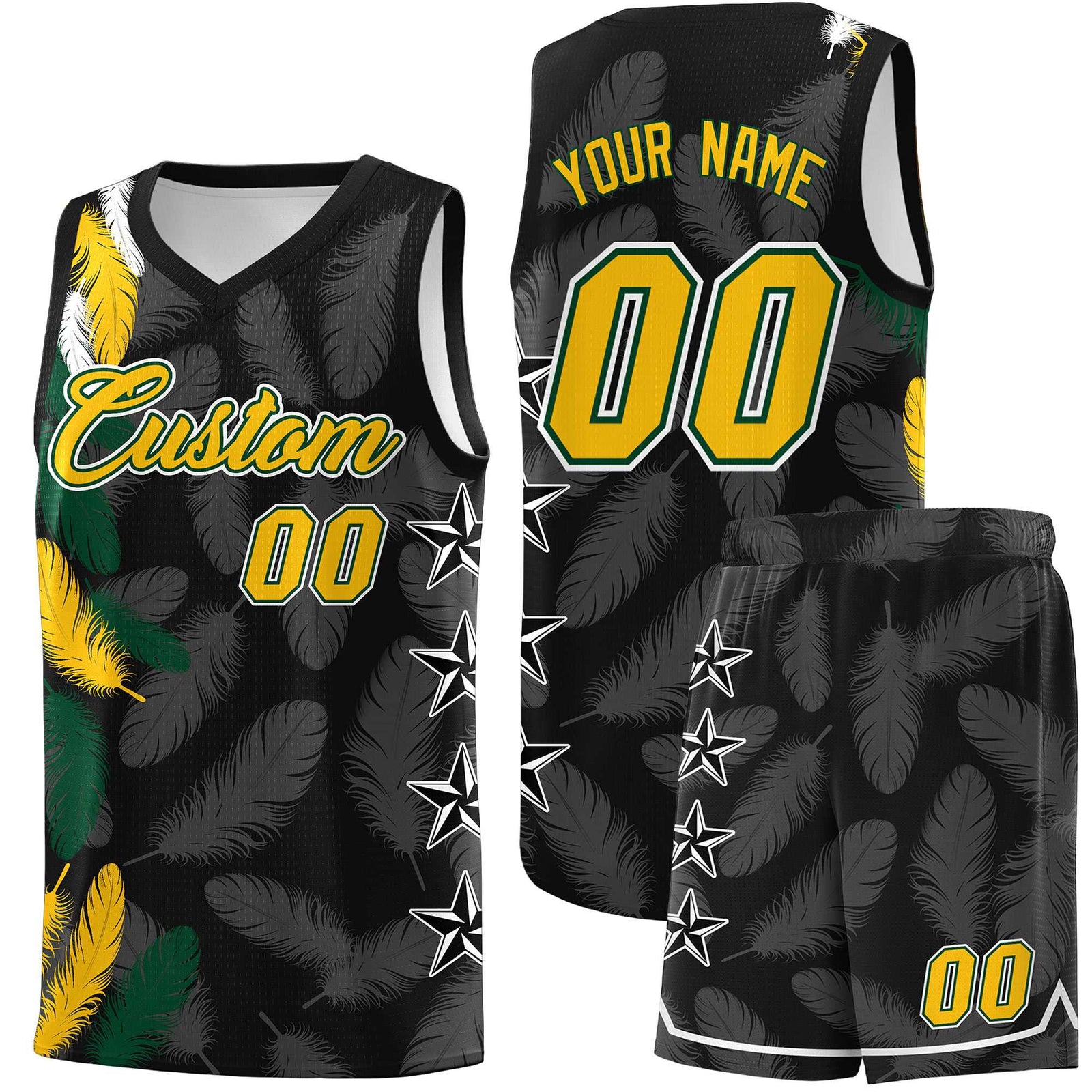 Custom Youth Basketball Jersey Black Gold Feather Series Sports Uniform