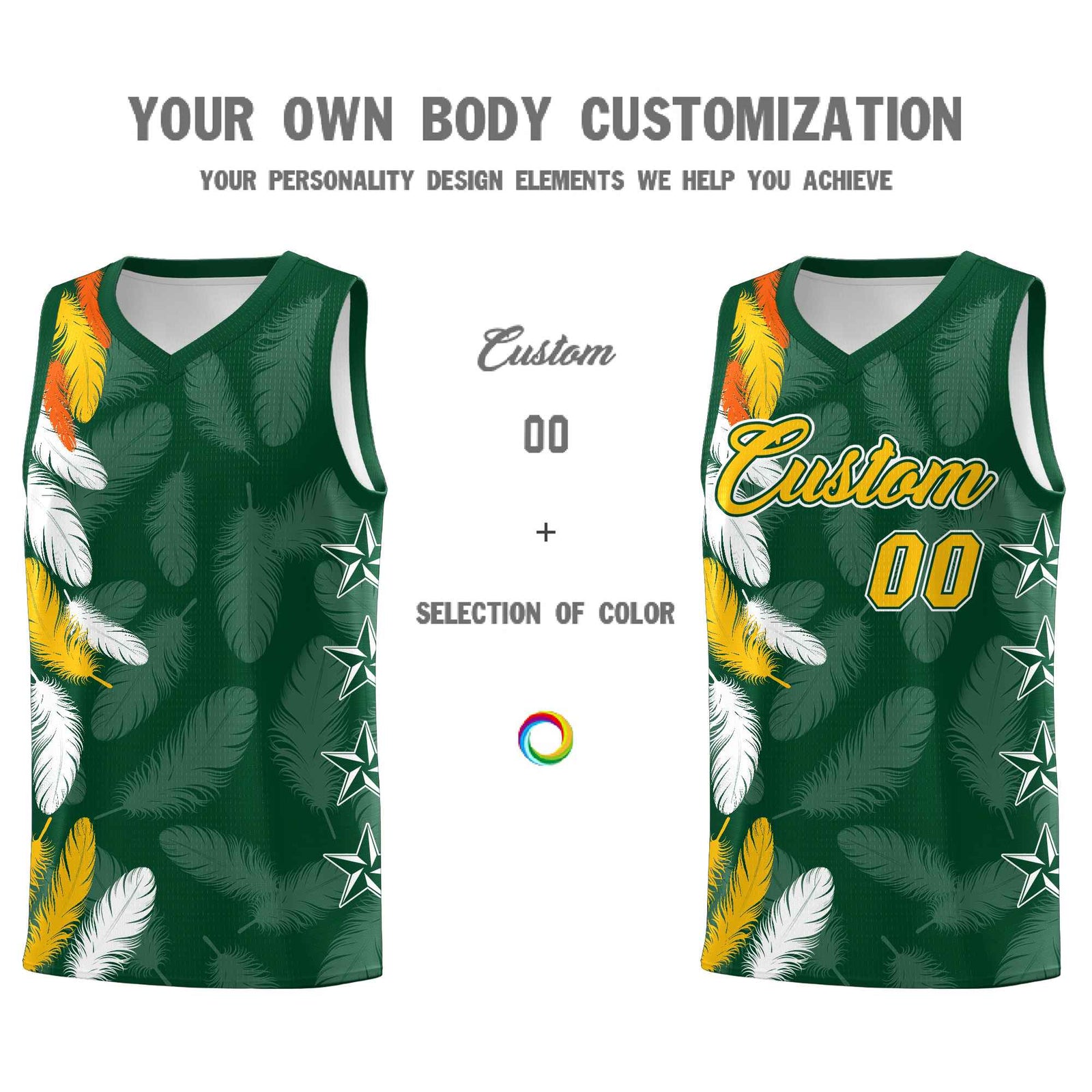 Custom Youth Basketball Jersey Green Gold Feather Series Sports Uniform