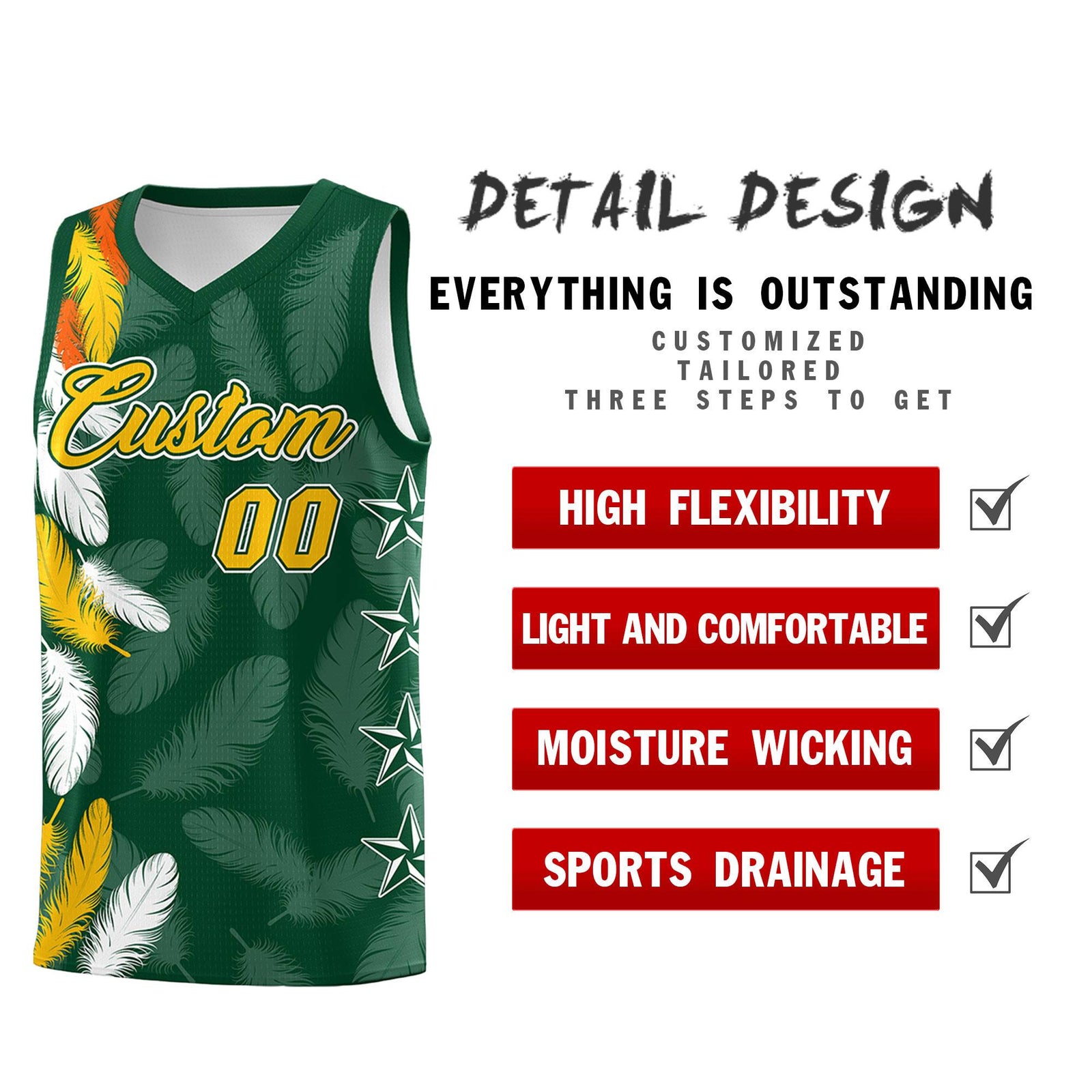 Custom Youth Basketball Jersey Green Gold Feather Series Sports Uniform
