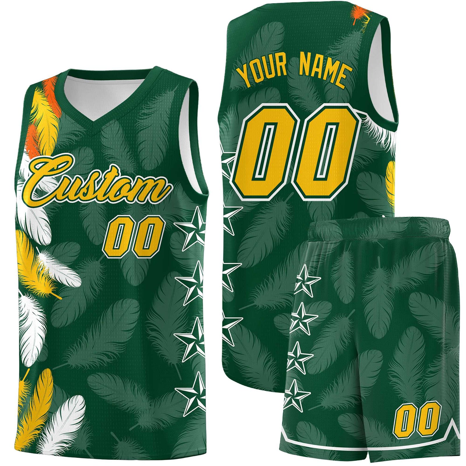 Custom Youth Basketball Jersey Green Gold Feather Series Sports Uniform