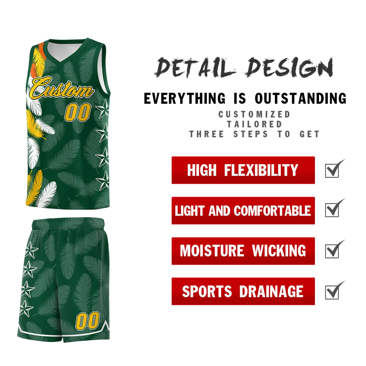 Custom Youth Basketball Jersey Green Gold Feather Series Sports Uniform