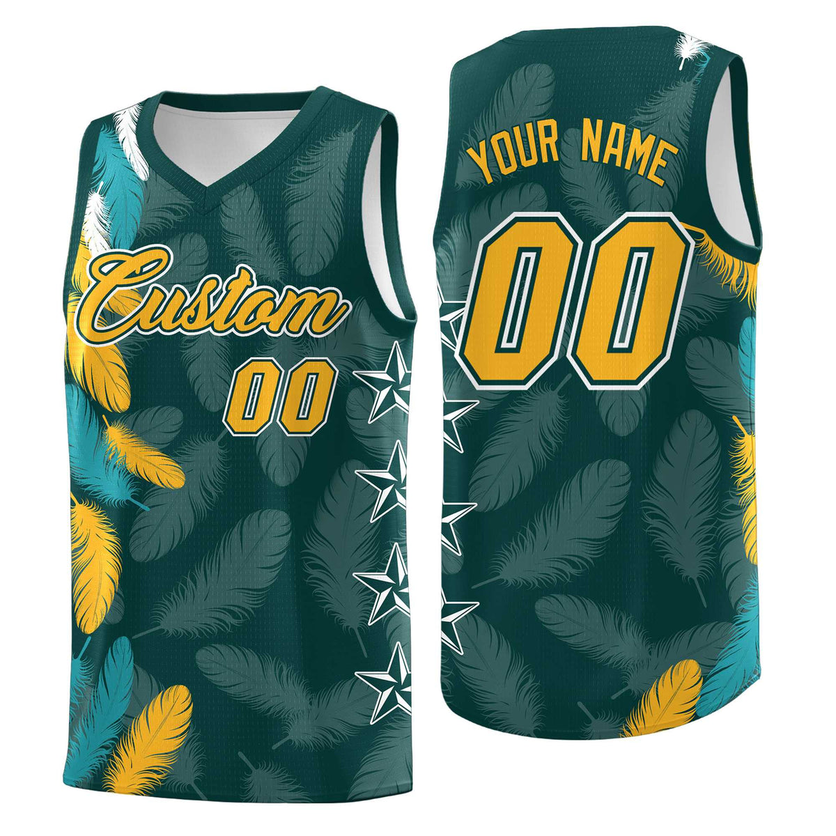 Custom Youth Basketball Jersey Midnight Green Gold Feather Series Sports Uniform