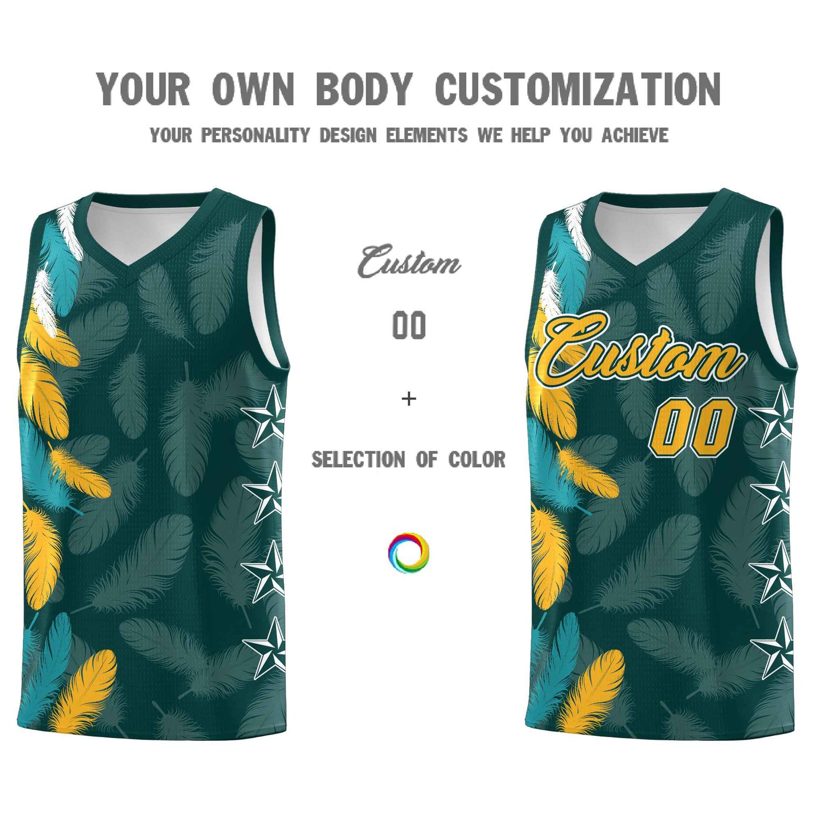 Custom Youth Basketball Jersey Midnight Green Gold Feather Series Sports Uniform