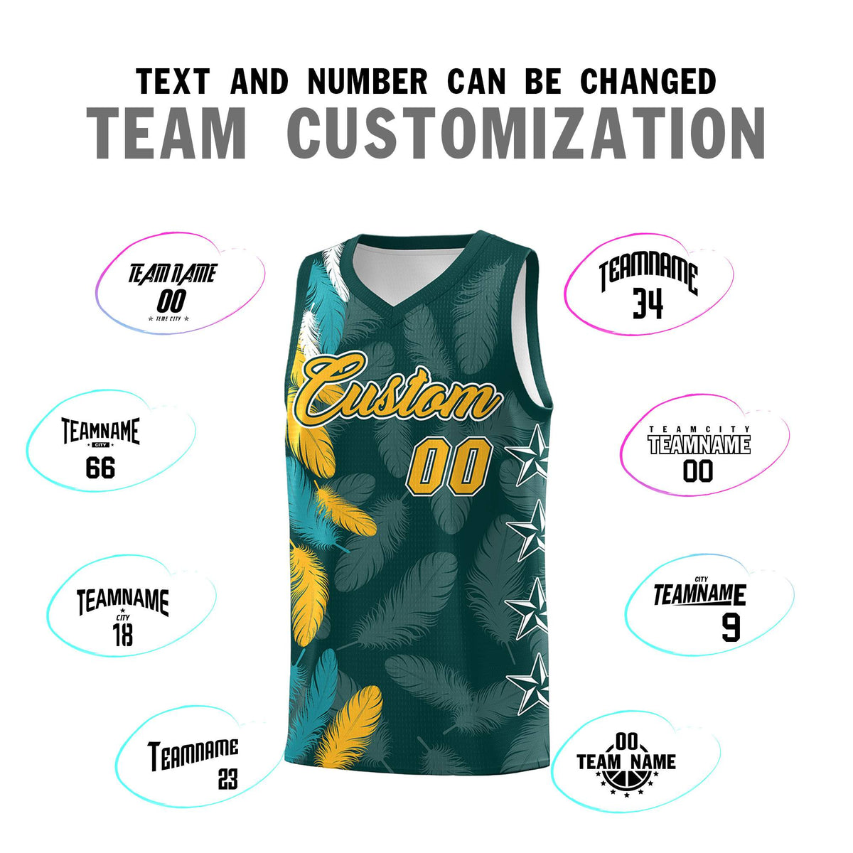 Custom Youth Basketball Jersey Midnight Green Gold Feather Series Sports Uniform