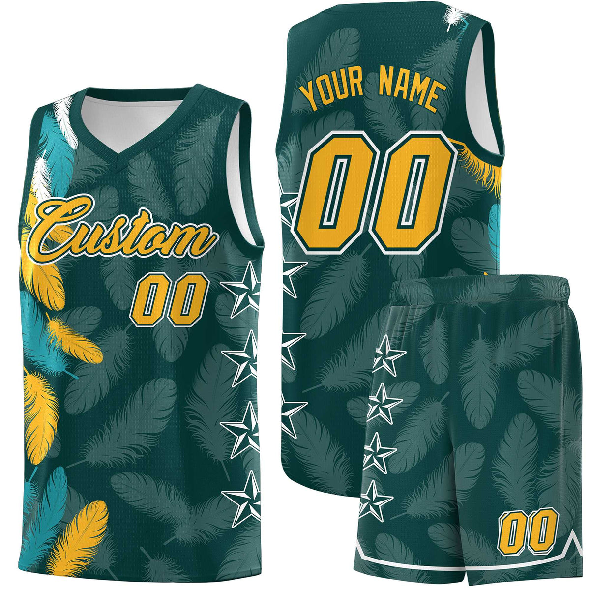 Custom Youth Basketball Jersey Midnight Green Gold Feather Series Sports Uniform