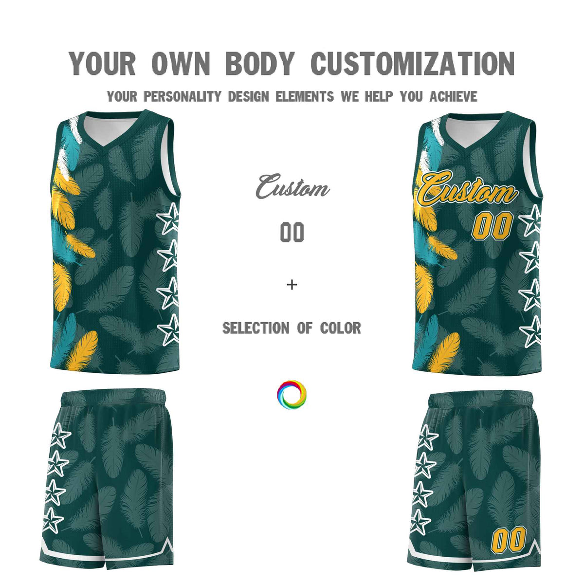 Custom Youth Basketball Jersey Midnight Green Gold Feather Series Sports Uniform