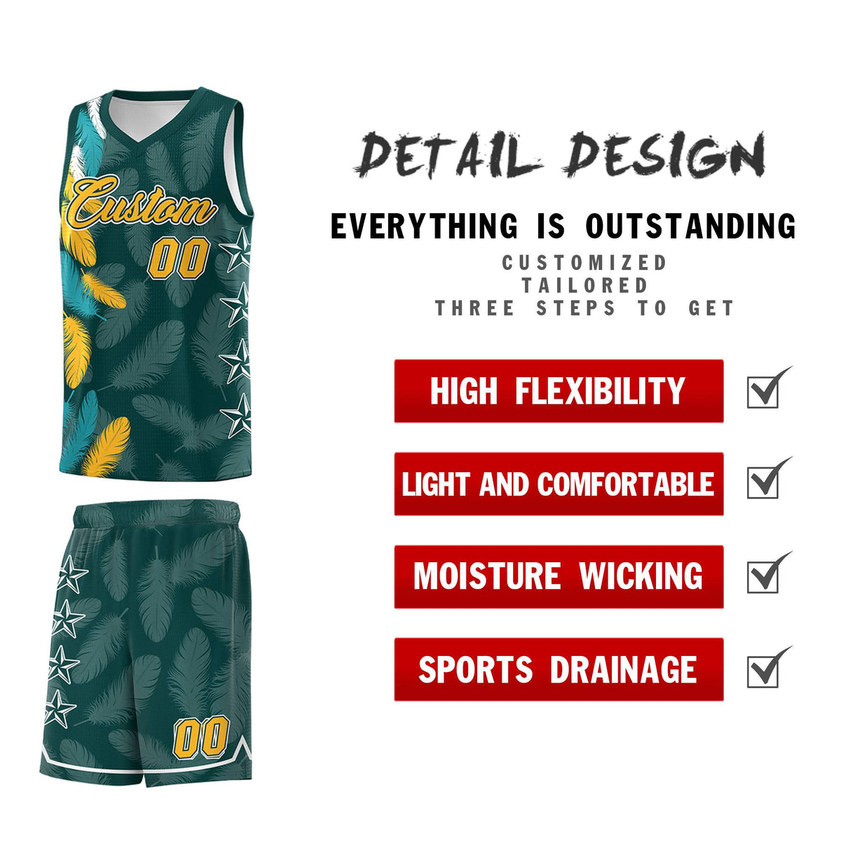 Custom Youth Basketball Jersey Midnight Green Gold Feather Series Sports Uniform
