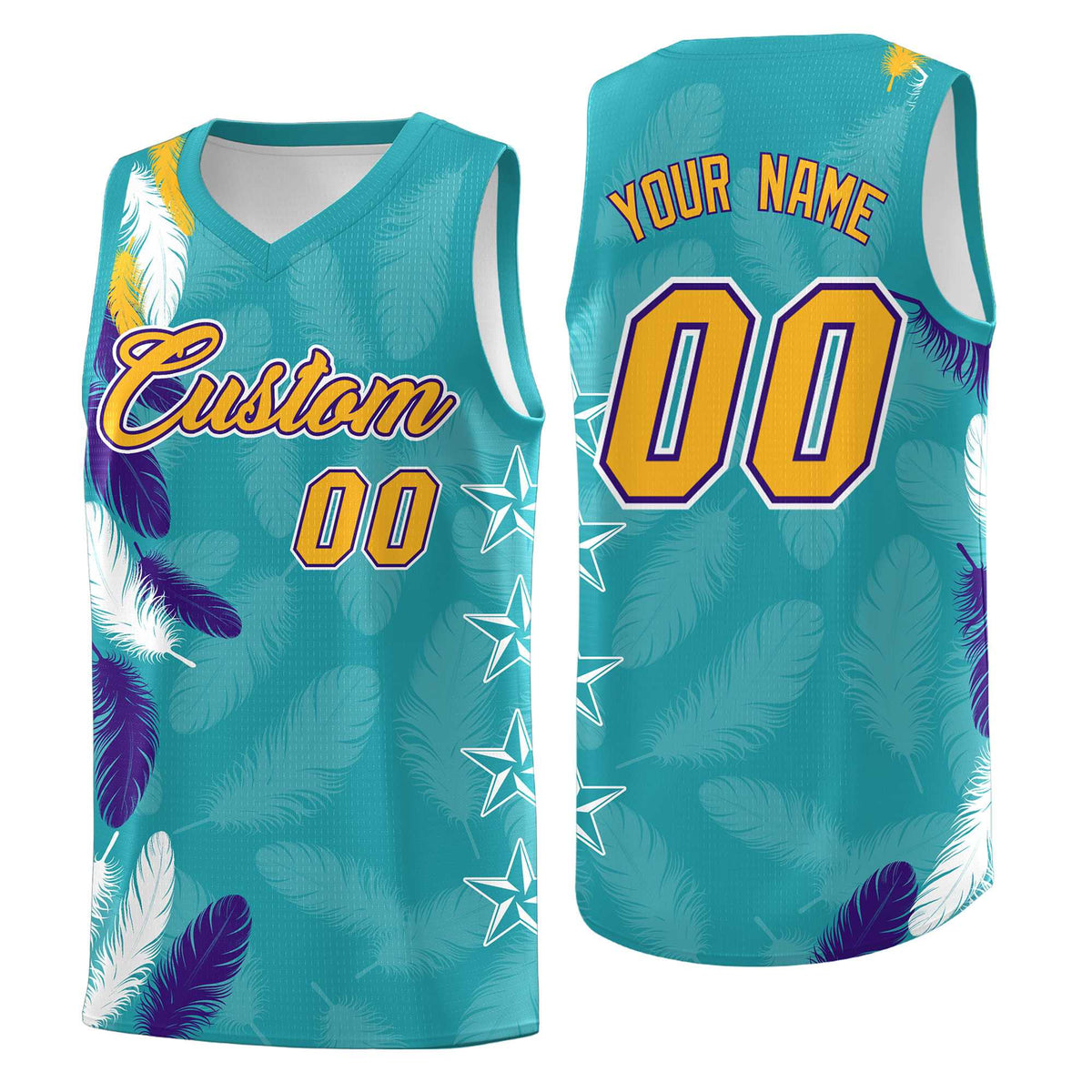 Custom Youth Basketball Jersey Aqua Gold Feather Series Sports Uniform