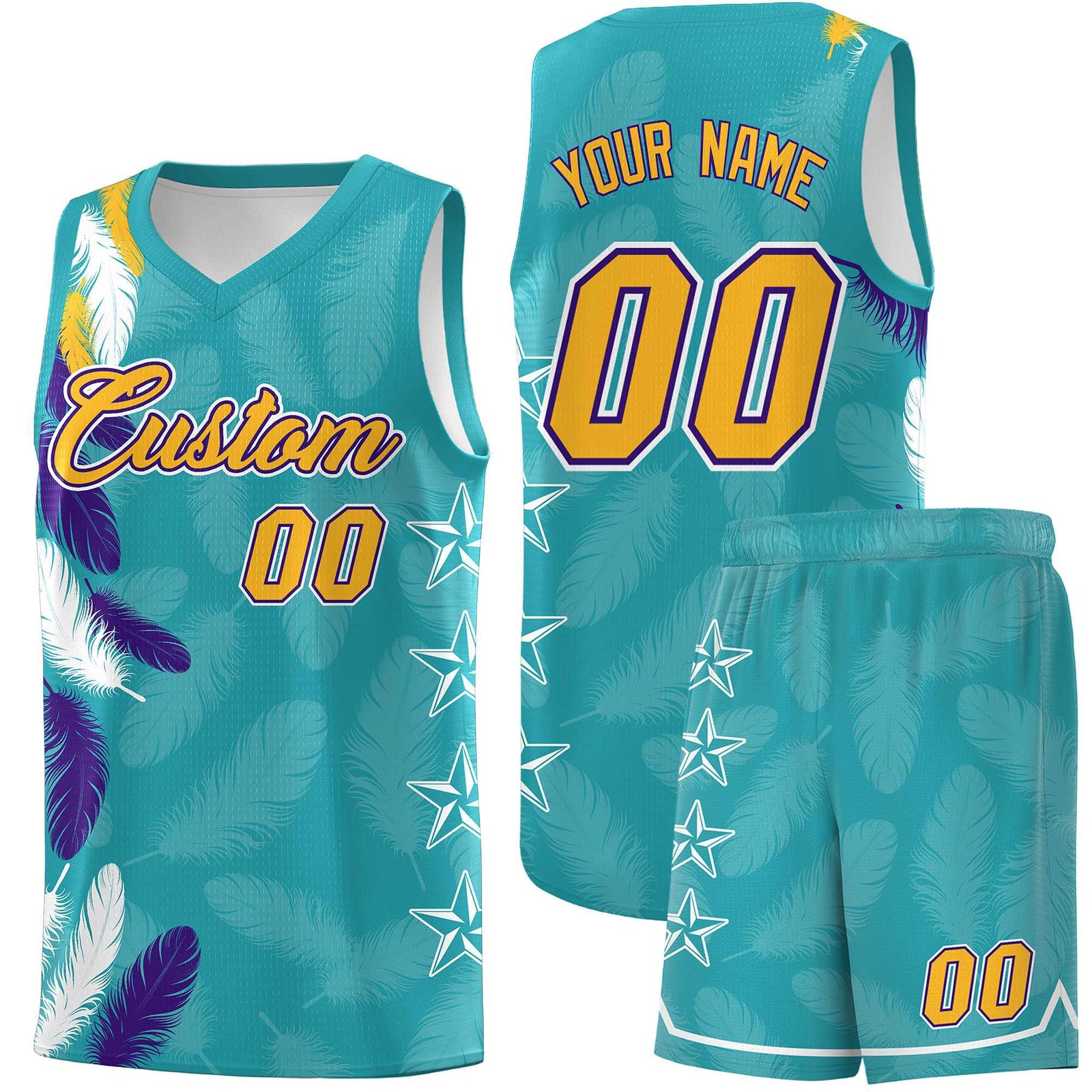 Custom Youth Basketball Jersey Aqua Gold Feather Series Sports Uniform