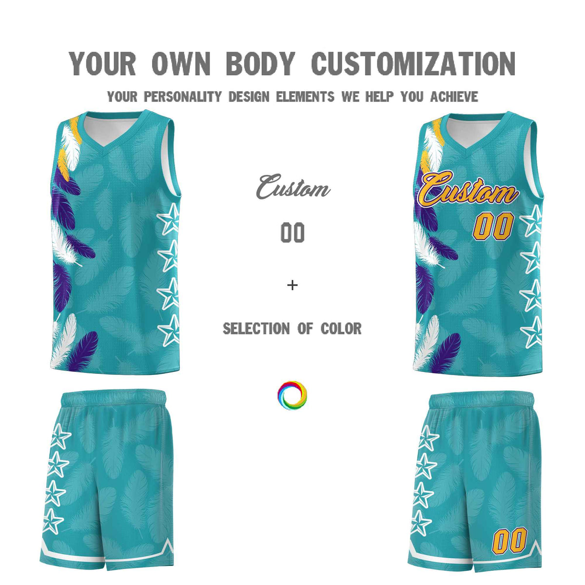 Custom Youth Basketball Jersey Aqua Gold Feather Series Sports Uniform