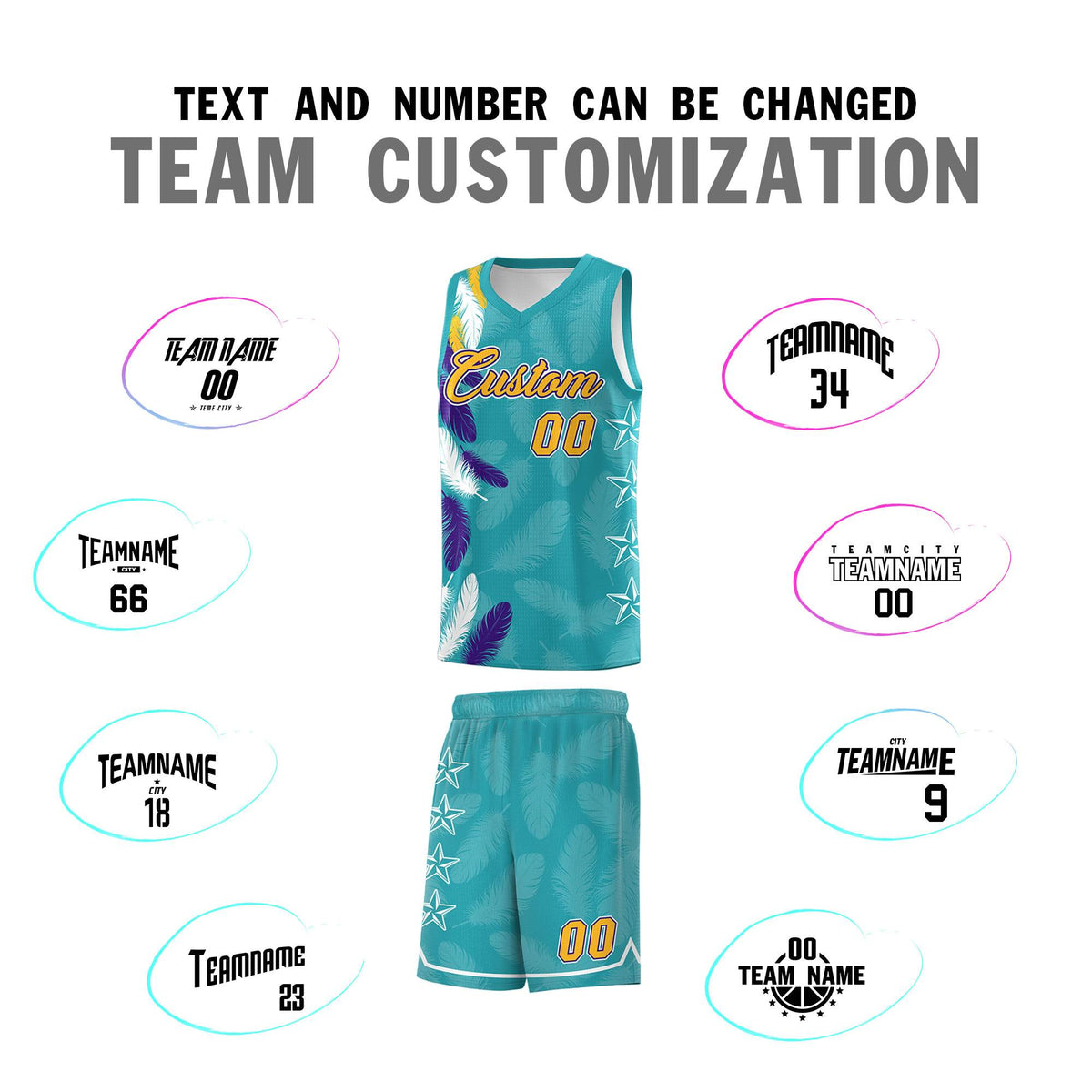 Custom Youth Basketball Jersey Aqua Gold Feather Series Sports Uniform