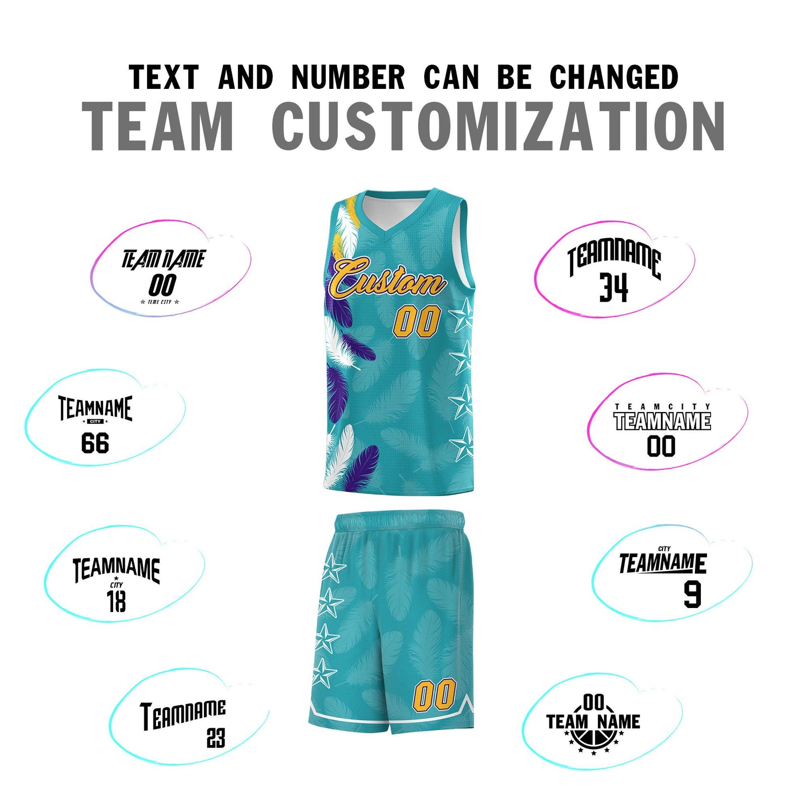Custom Youth Basketball Jersey Aqua Gold Feather Series Sports Uniform